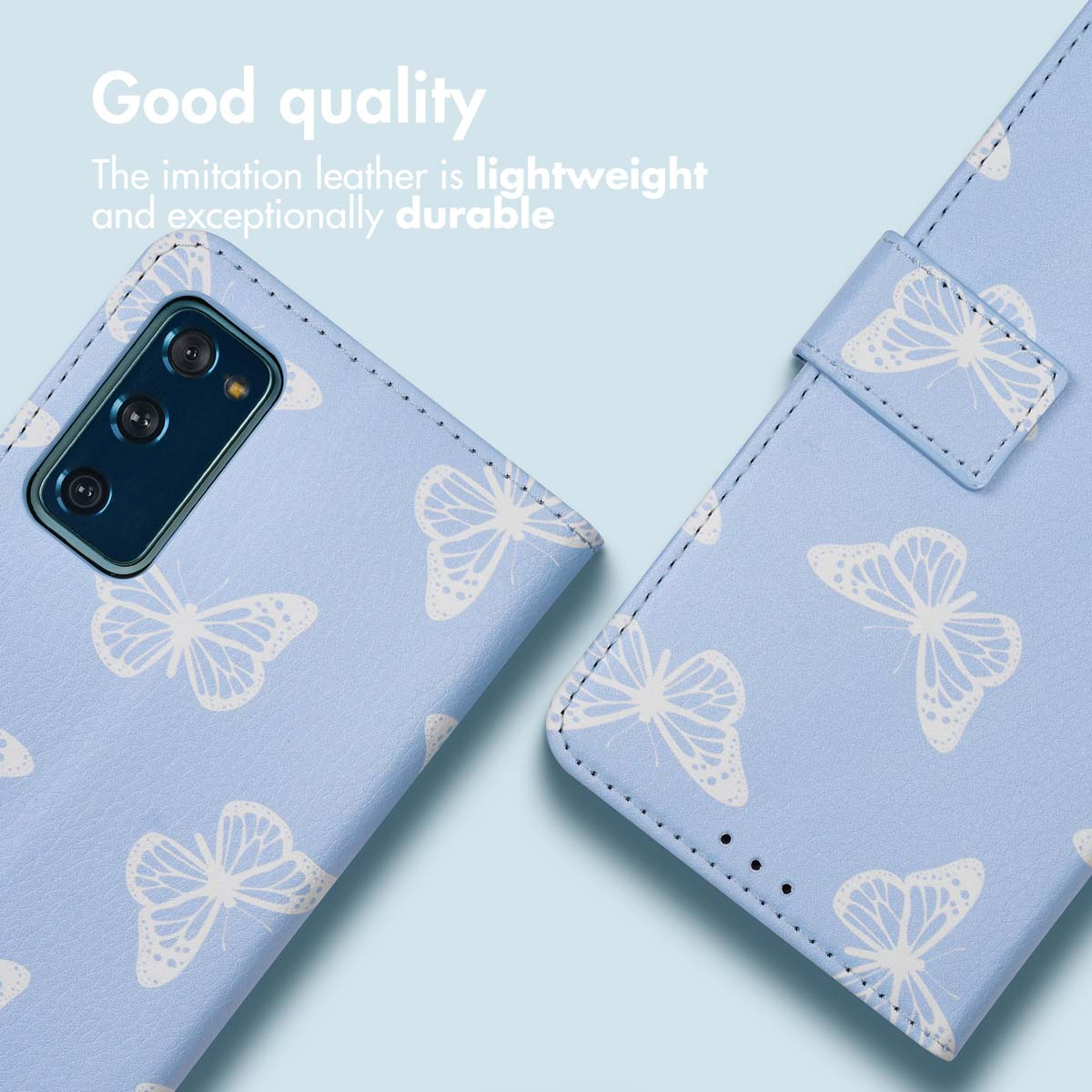Fundas para teléfono de cuero sintético azul claro con mariposas blancas y texto.