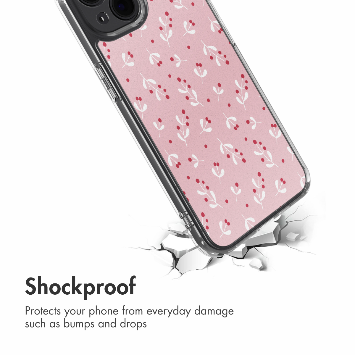Funda de móvil rosa con motivo de bayas blancas sobre fondo agrietado, texto: Shockproof.