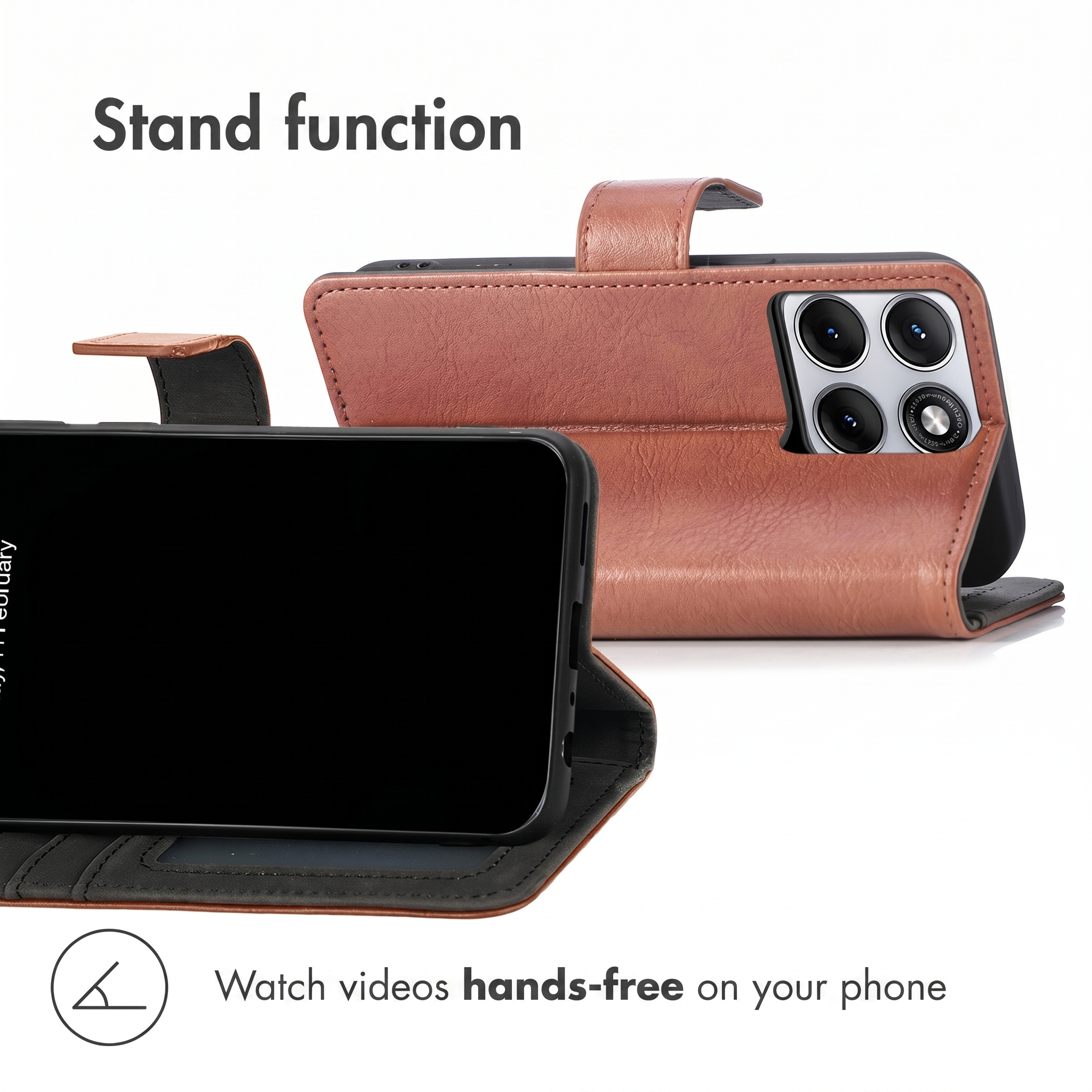 A brown leather flip case for a smartphone with a stand function, showing the front and back views.