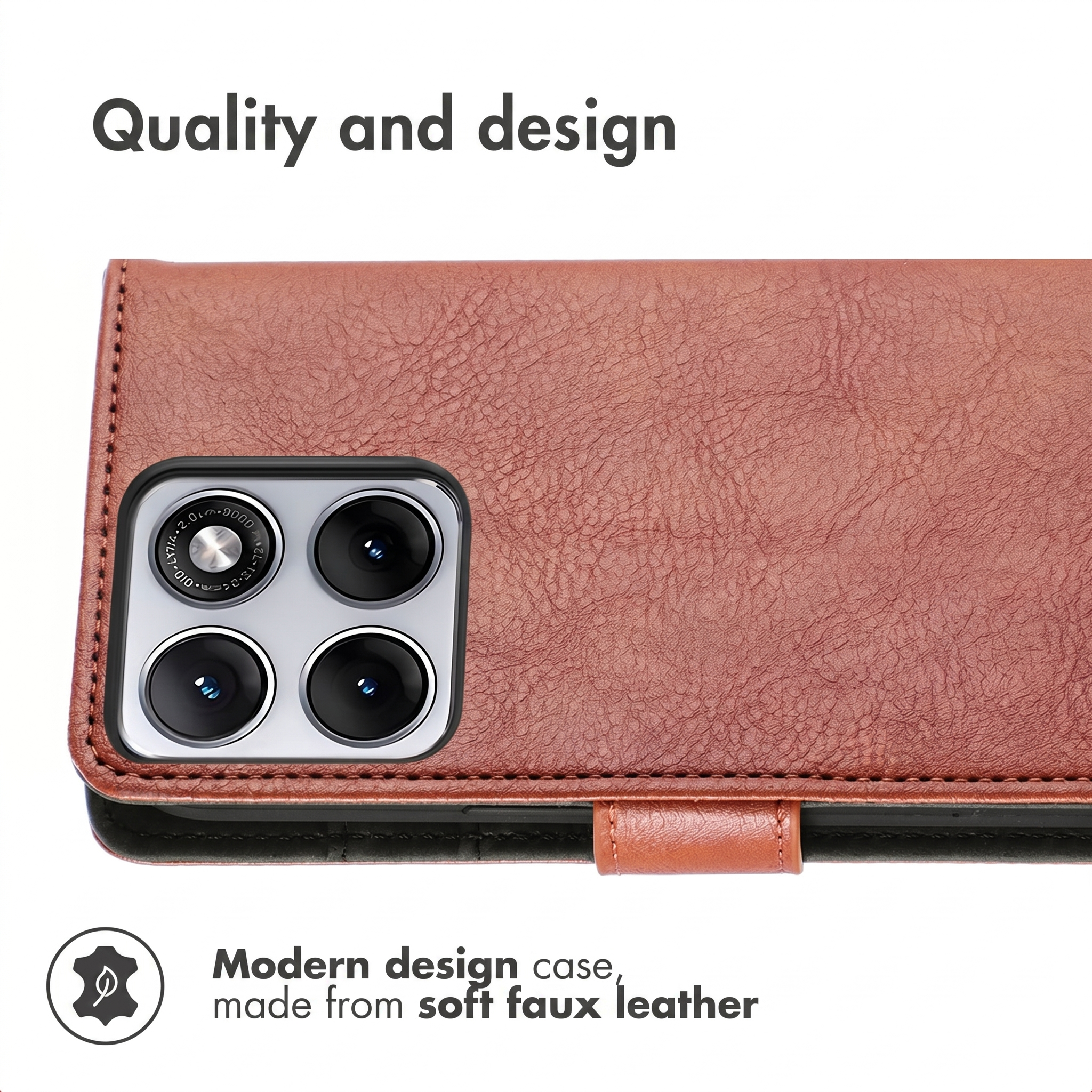 Brown faux leather phone case with camera cutout and white text.