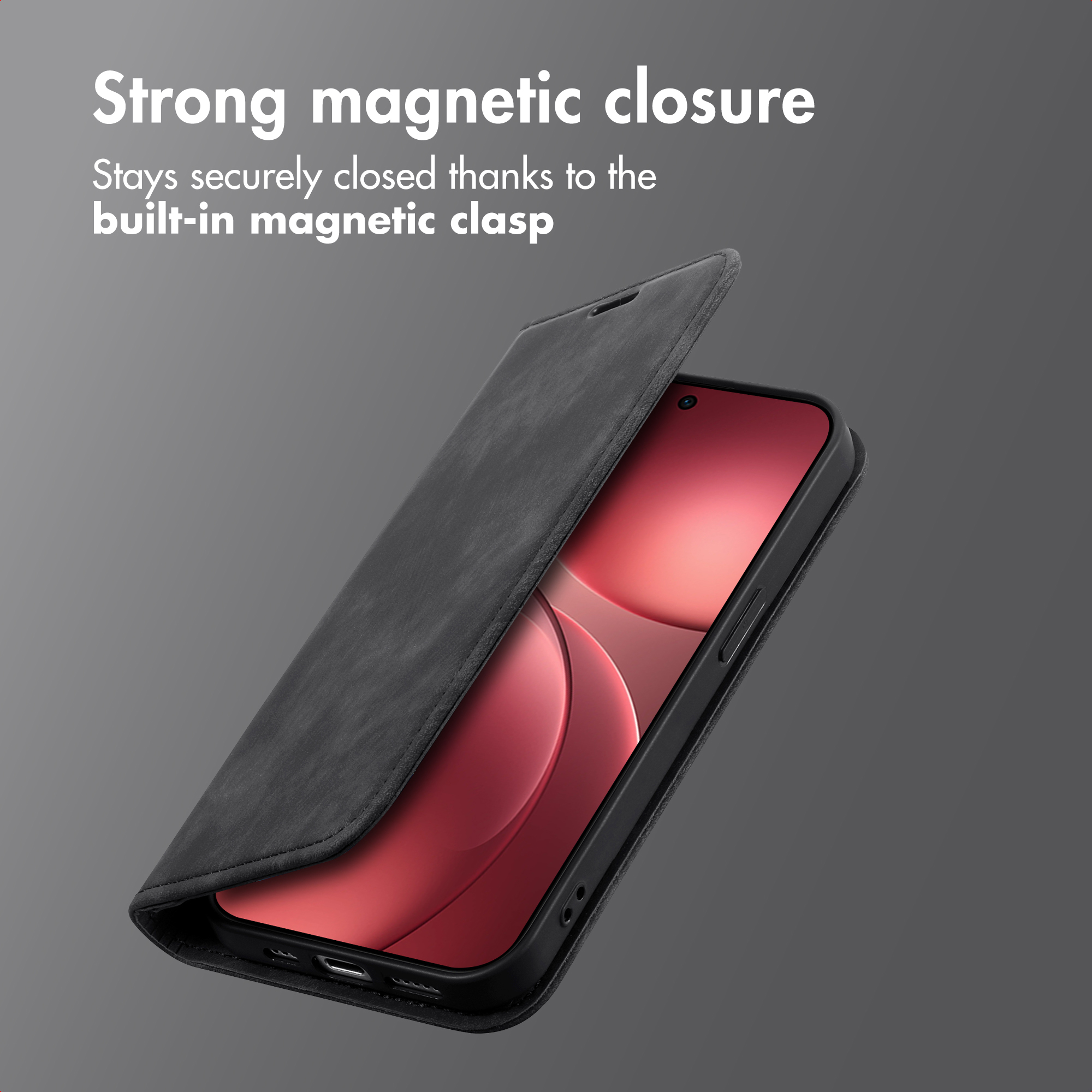 Una funda de piel negra para smartphone con cierre magnético y pantalla con fondo rojo abstracto.