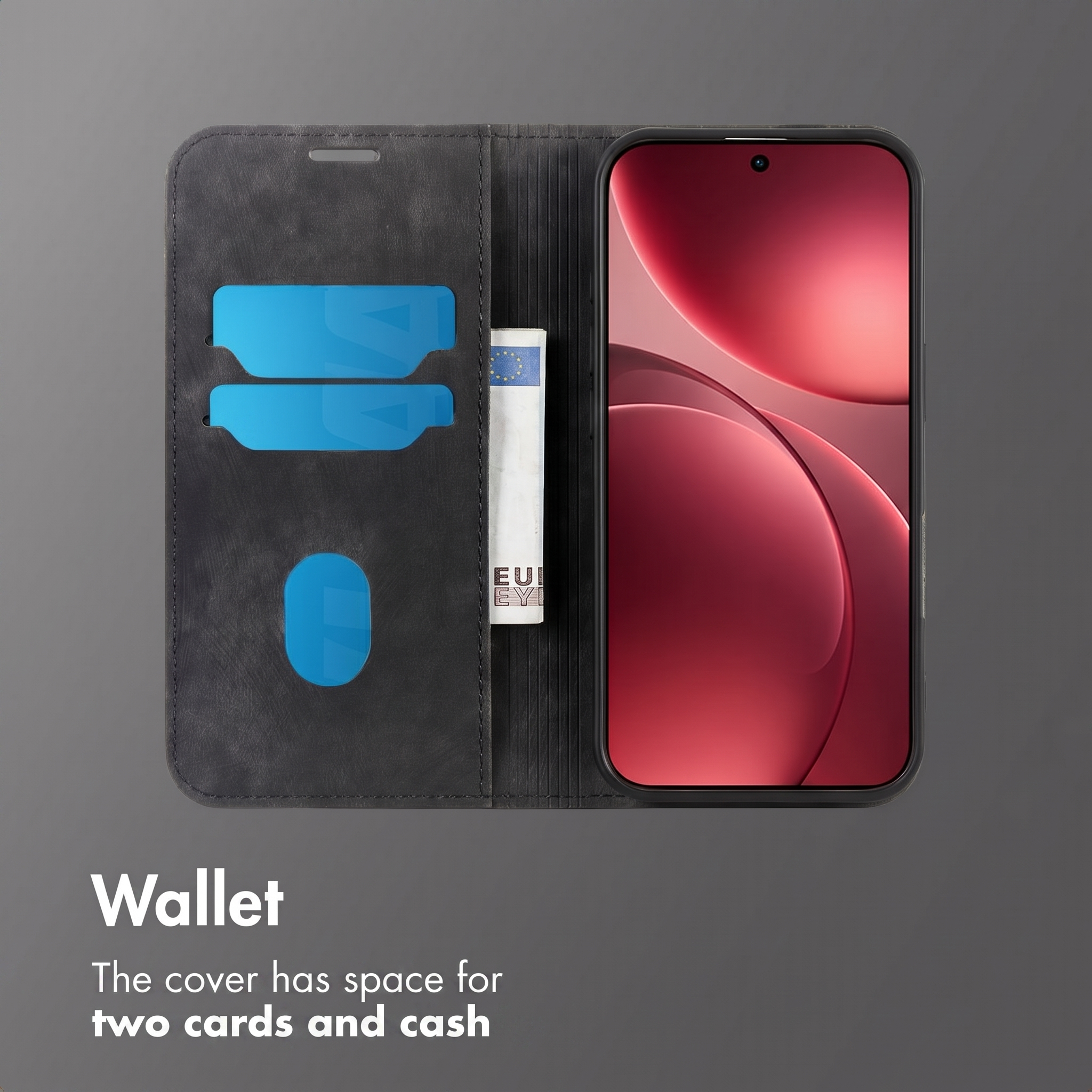 Una funda de cuero negro para móvil con un smartphone, dos tarjetas y dinero.