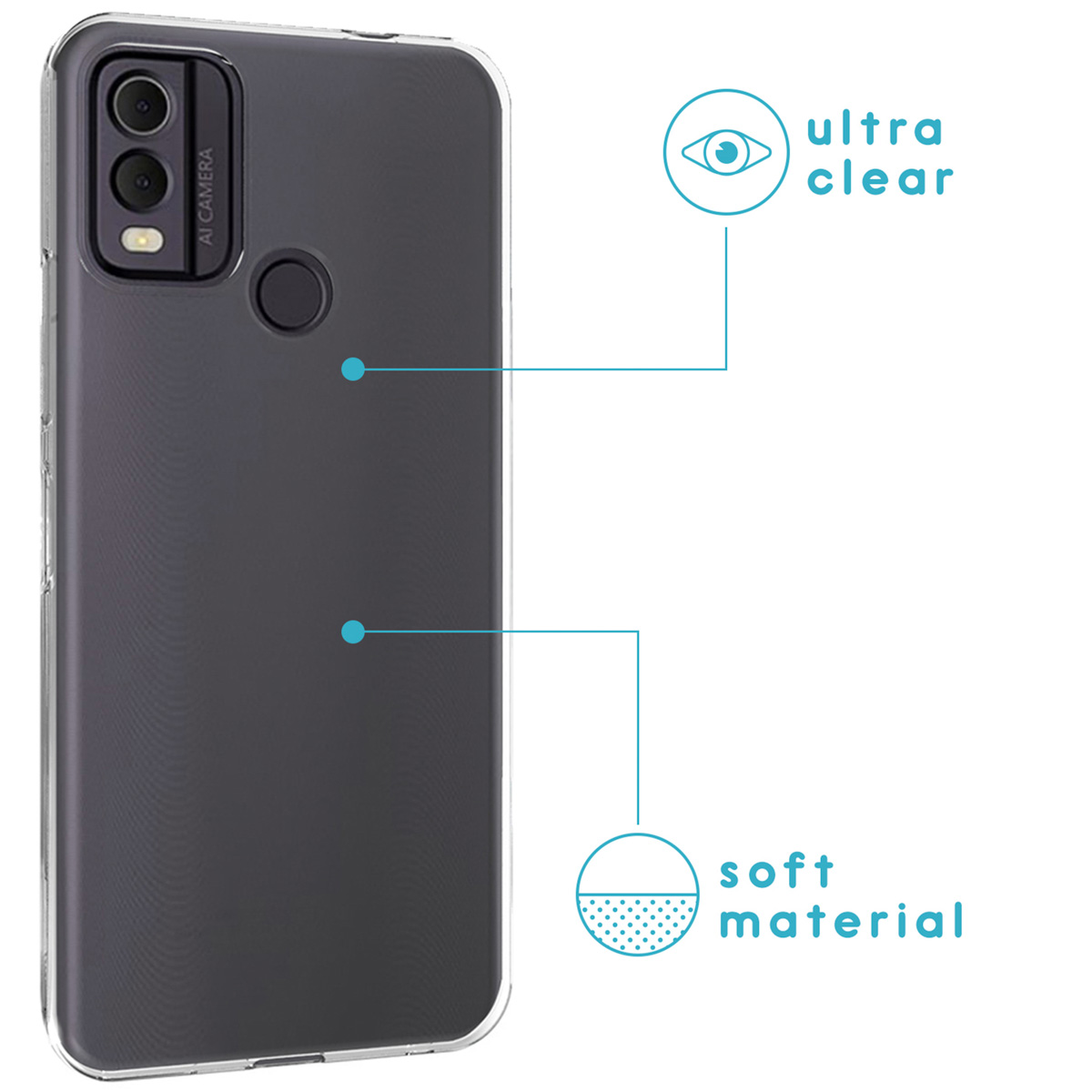 Un teléfono en funda transparente con llamadas destacando ultra transparente y material suave.