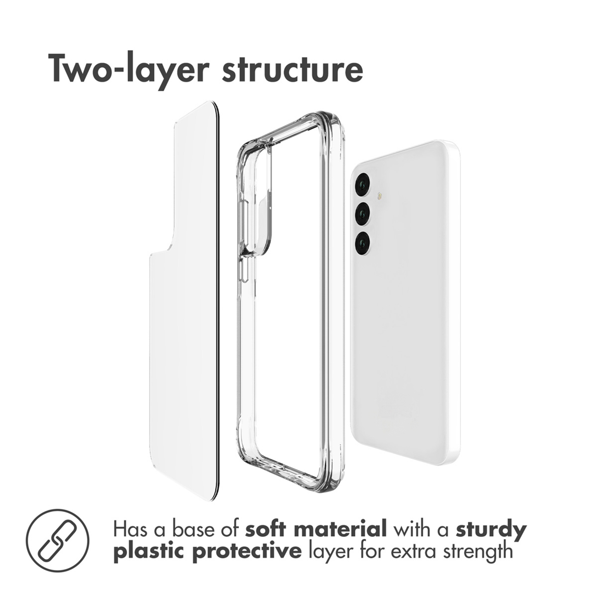Diagramm zeigt die zweischichtige Struktur einer Handyhülle mit weichem Material und stabiler Kunststoffschicht.