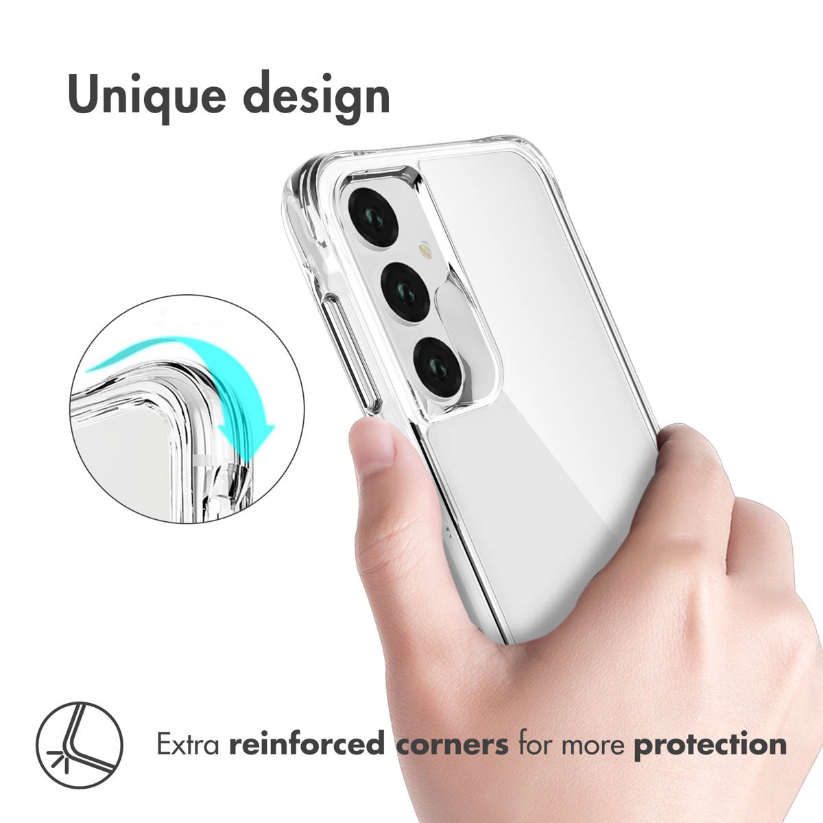 Hand hält transparentes Smartphone mit verstärkten Ecken und dreifacher Kamera. Text Unique design und Extra reinforced corners.