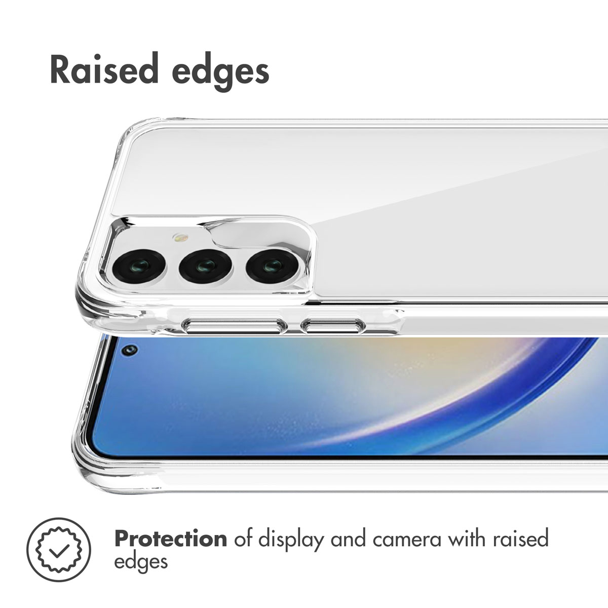 Transparente Handyhülle mit erhöhten Rändern zum Schutz von Display und Kamera.
