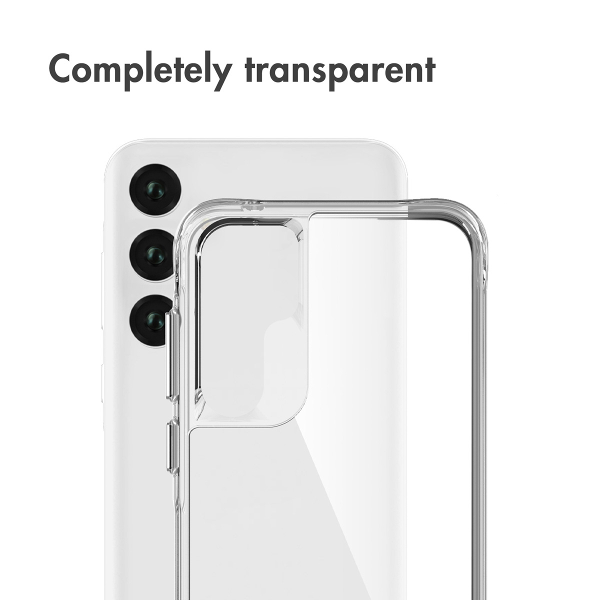 Ein weißes Smartphone in einer komplett transparenten Schutzhülle mit sichtbaren Kameras.