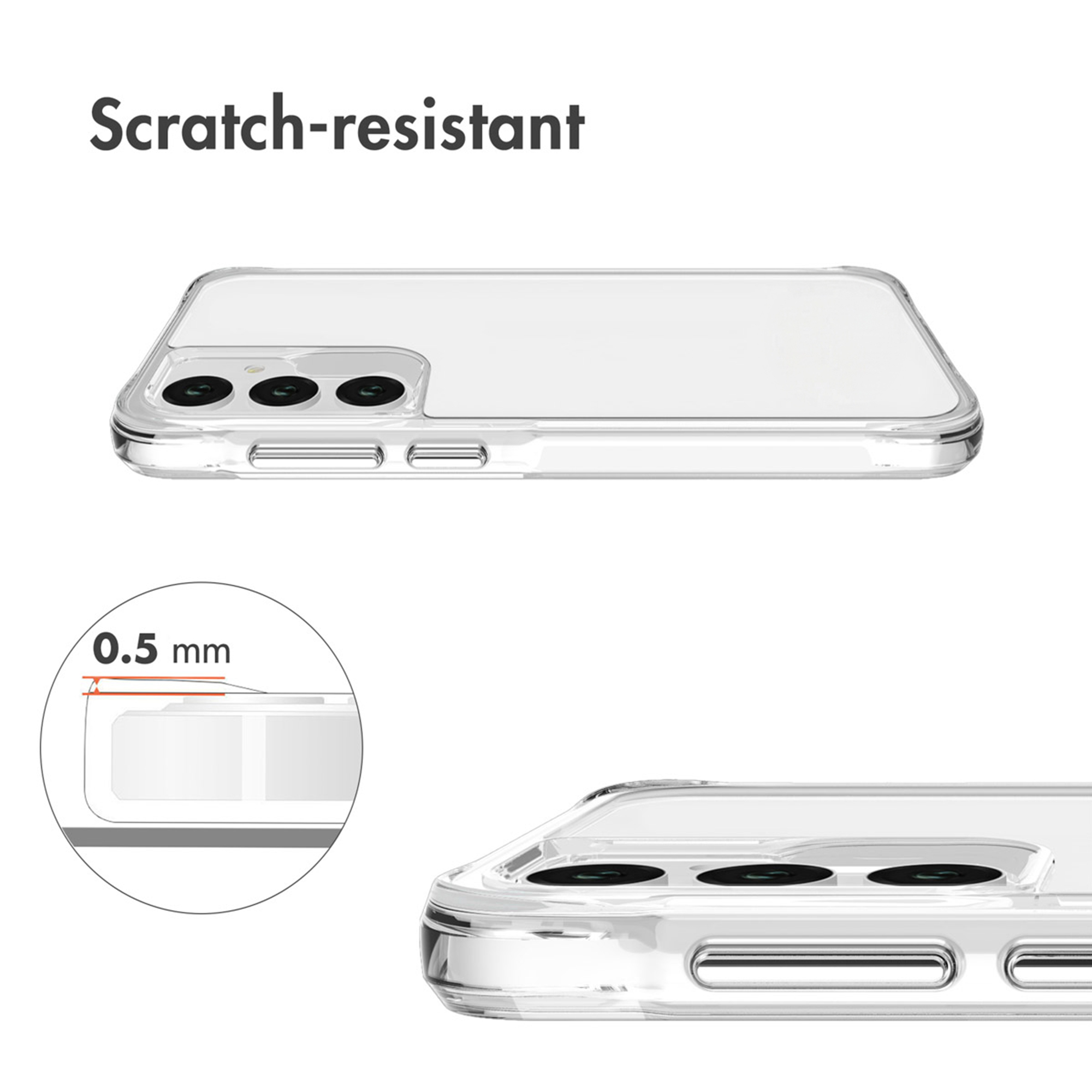 Eine transparente, kratzfeste Handyschale mit 0,5 mm erhöhtem Rand zum Kameraschutz.