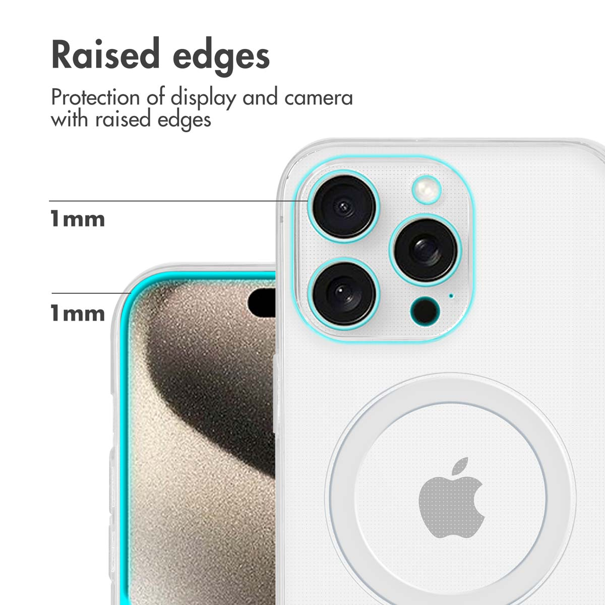 Primer plano de una funda con bordes elevados de 1 mm para proteger la cámara y la pantalla.