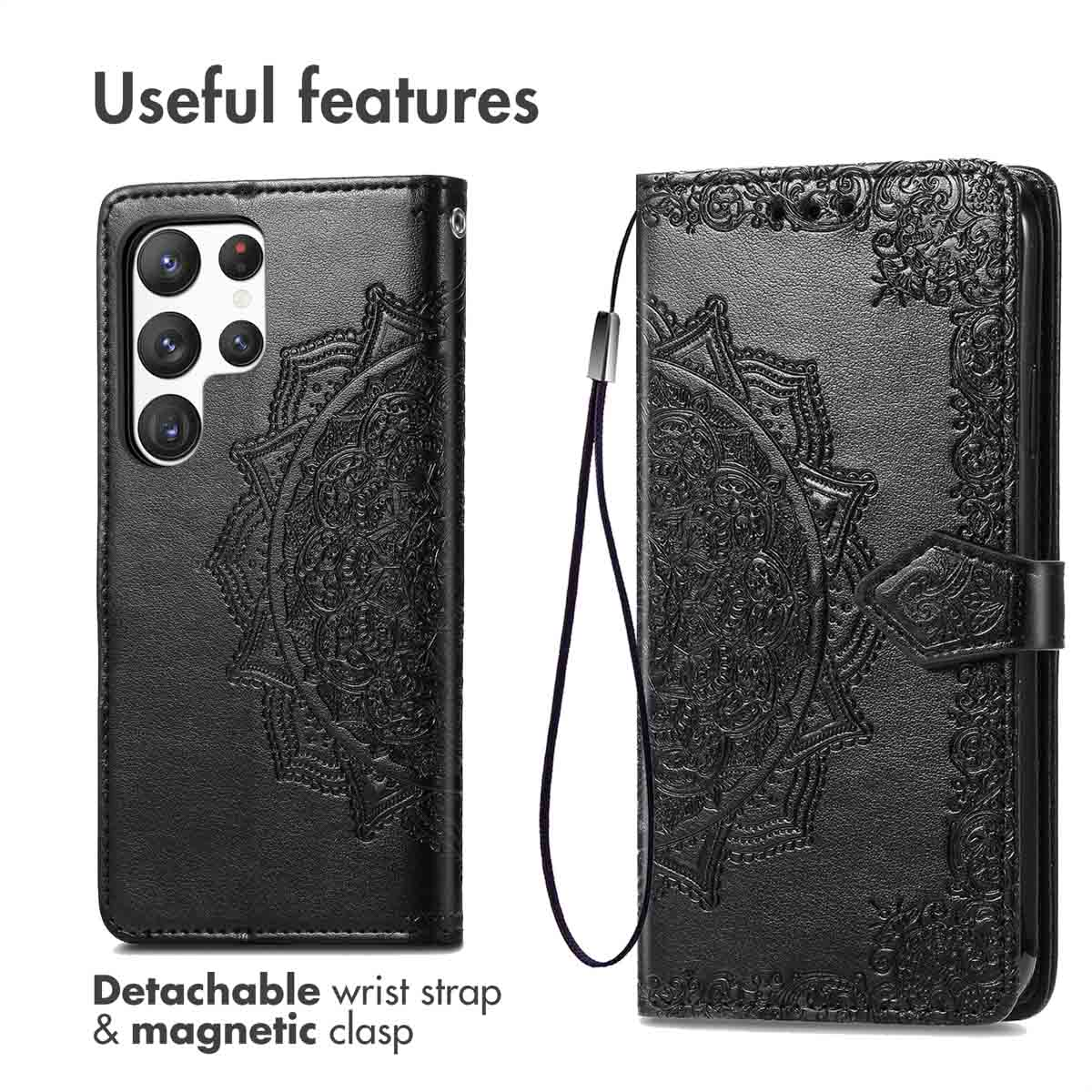 Étui de téléphone en cuir noir avec motif mandala gaufré, lanière et fermoir magnétique.