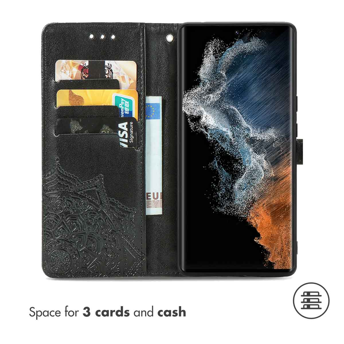 Étui de téléphone en cuir noir avec gaufrage mandala, trois fentes pour cartes et une poche pour billets.