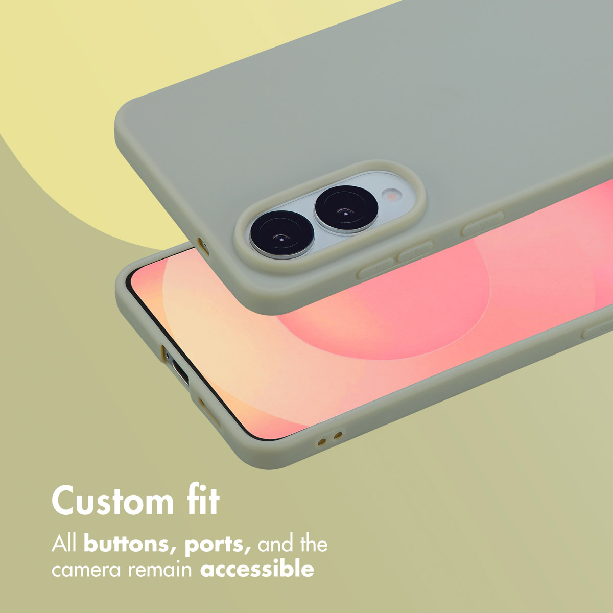 Un teléfono inteligente en una funda verde claro sobre un fondo amarillo con texto.