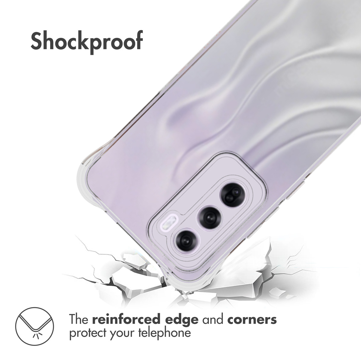 Eine lila Handyschale mit Dreifachkamera liegt auf rissigem Untergrund. Text lautet Shockproof.