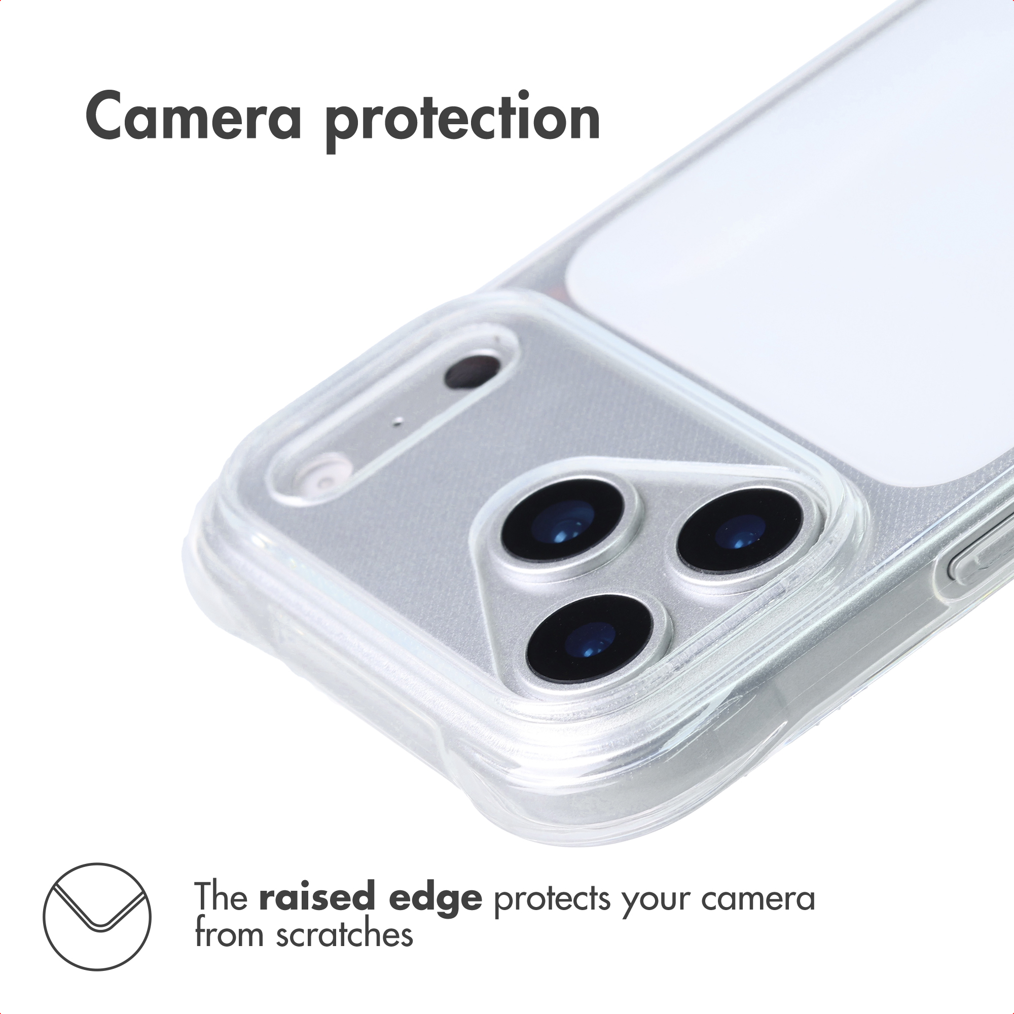 Primer plano de una funda transparente que muestra la protección de la cámara con borde elevado.