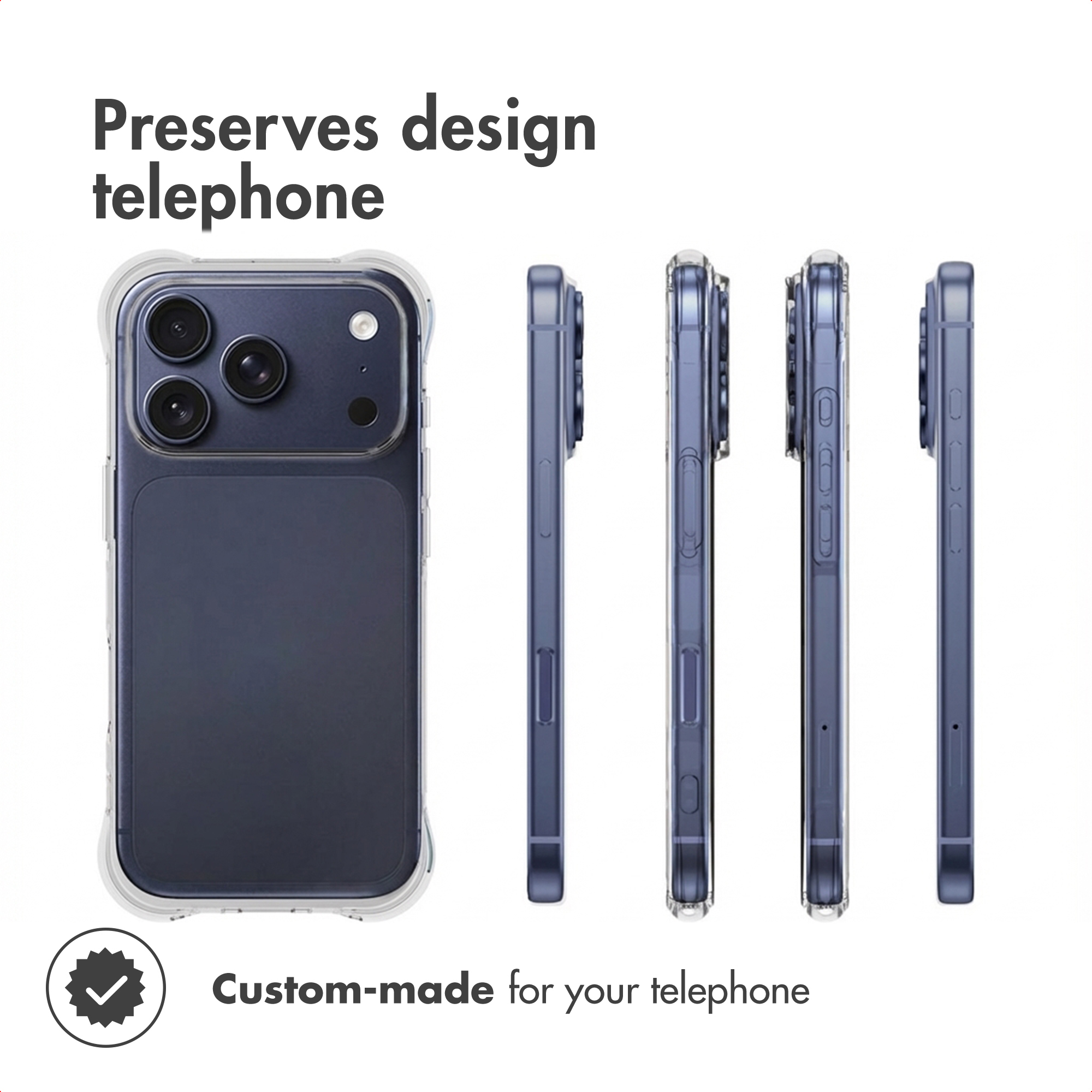 Fundadora azul para teléfono con bordes transparentes y varias vistas de un smartphone.