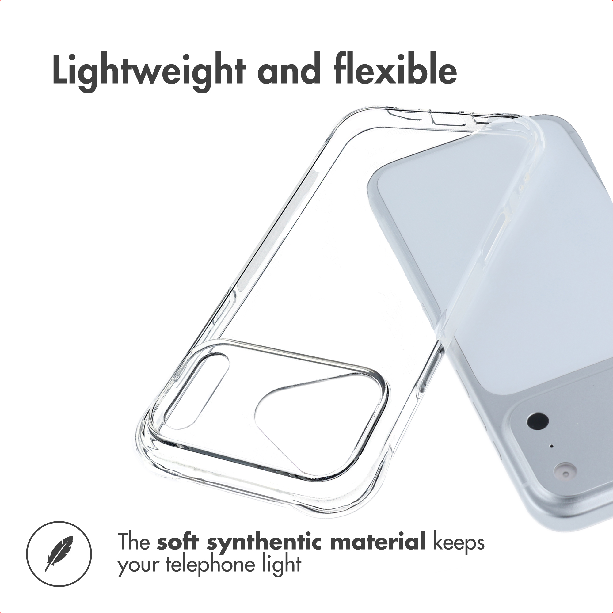 Una funda de móvil transparente y flexible junto a un teléfono, con texto que indica ligero y flexible.