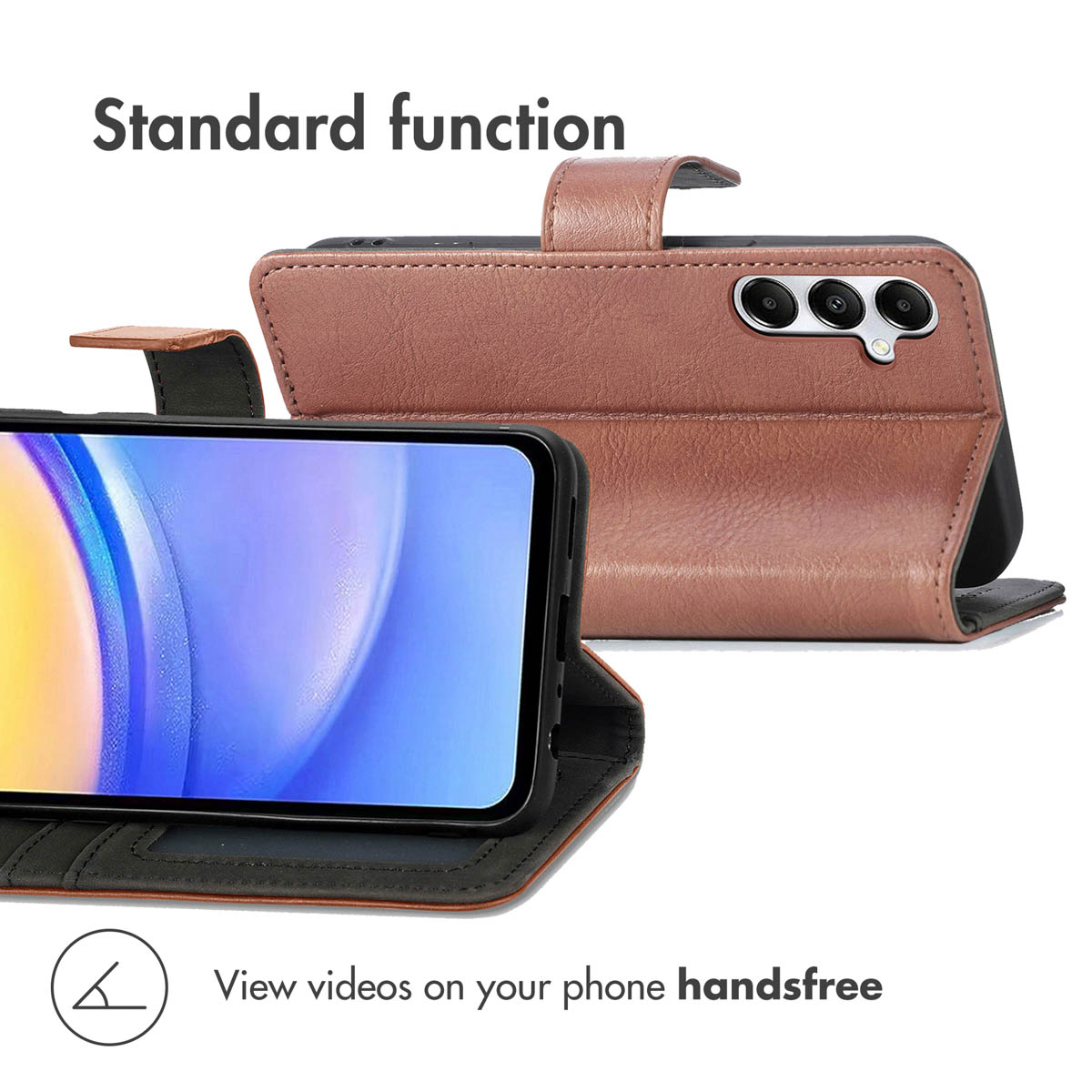 Custodia per telefono in pelle marrone con funzione di supporto per video.