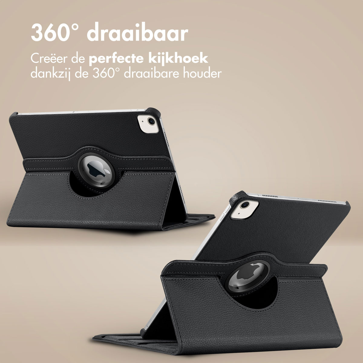 Twee zwarte tablethoezen met een 360 graden draaibare functie op een beige achtergrond en tekst.