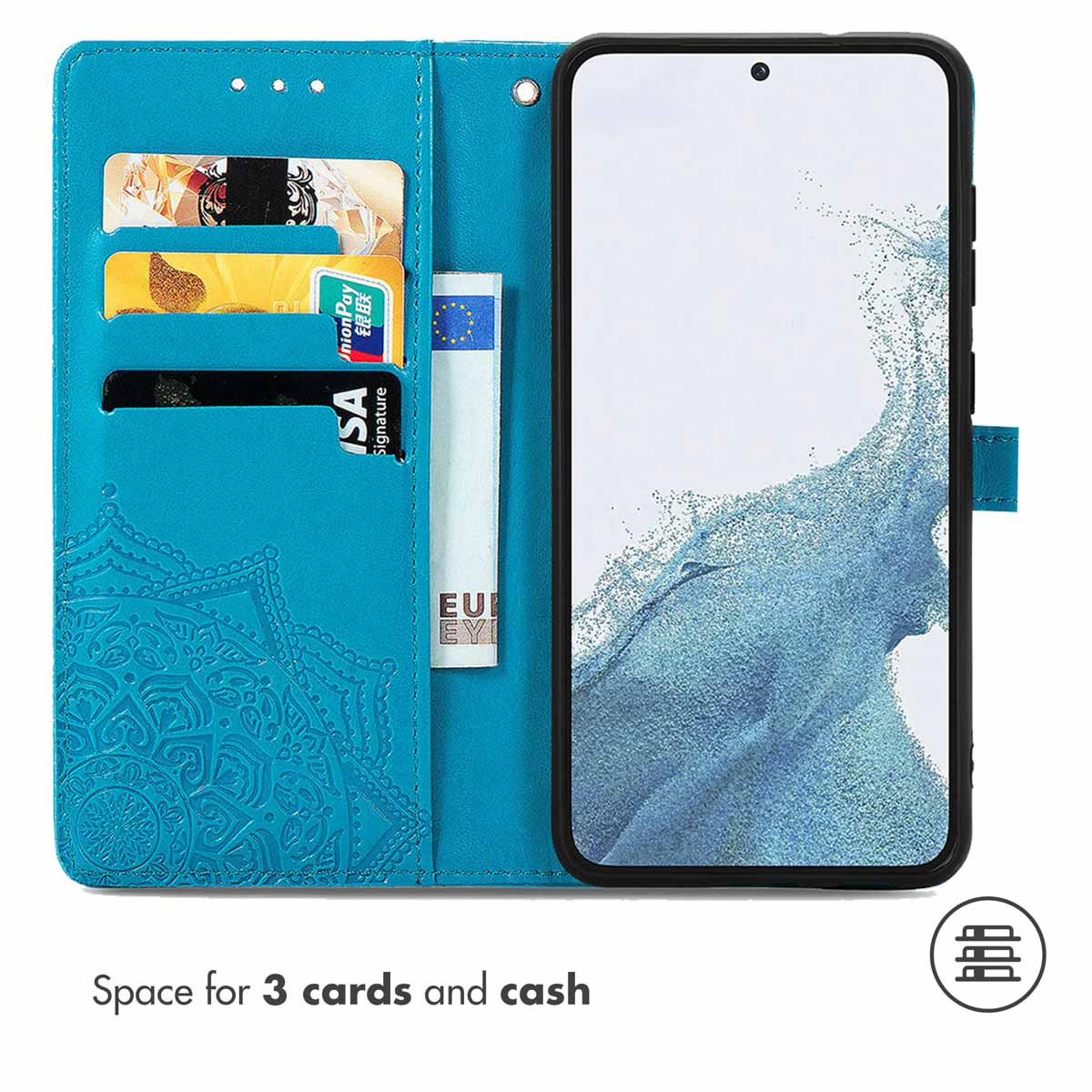 Custodia per telefono a portafoglio turchese con goffratura mandala, con tre carte e contanti.