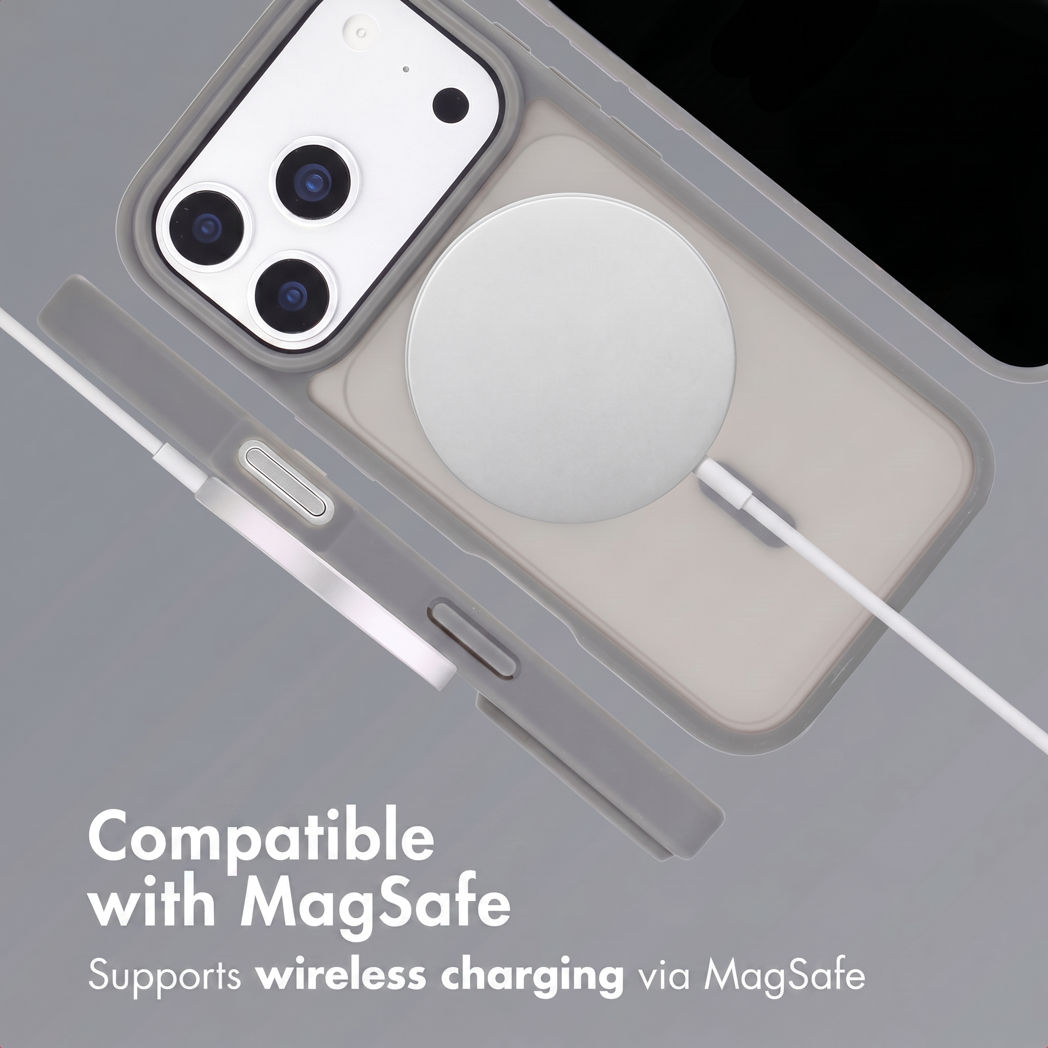 Smartphone in custodia protettiva grigia con base di ricarica circolare MagSafe sul retro.