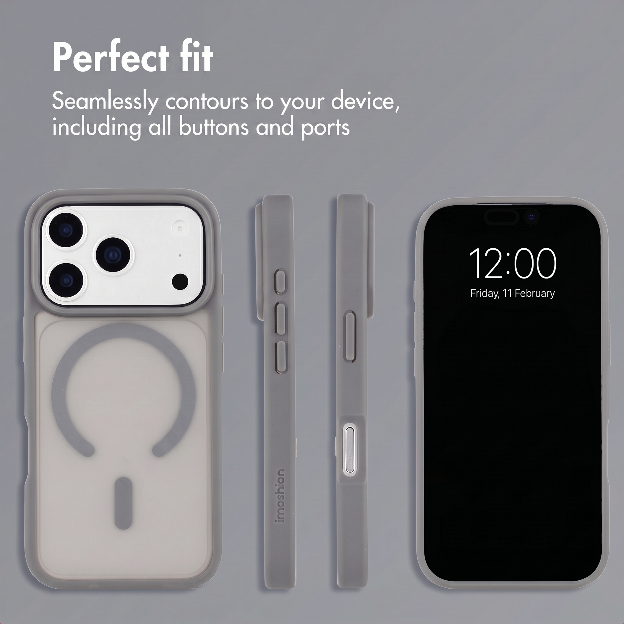 Smartphone grigio mostrato da dietro, di lato e di fronte su sfondo grigio.