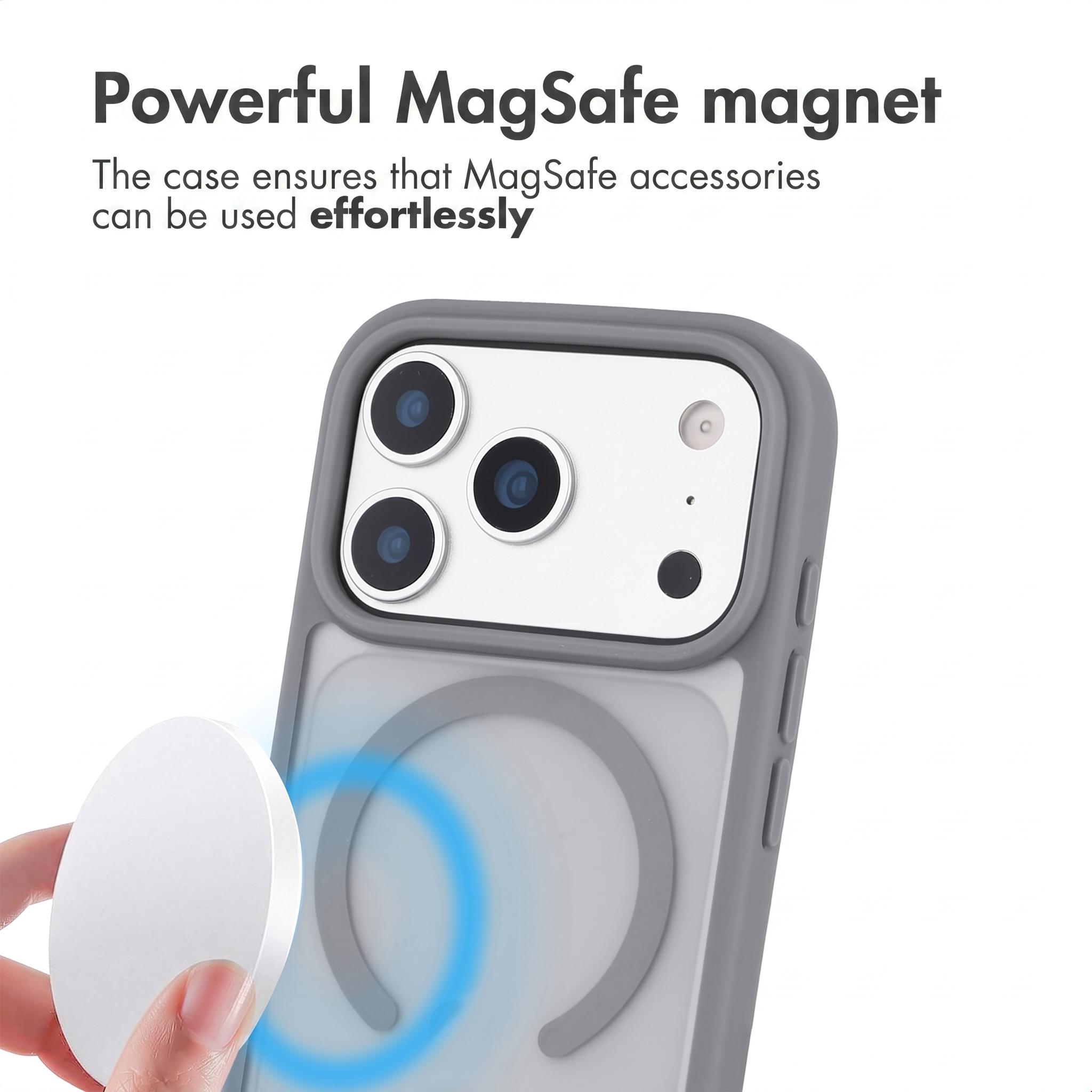 Custodia per telefono con anello MagSafe e una mano che tiene un calamita.