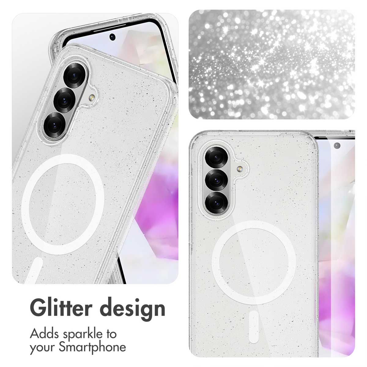 Fundas para smartphone con purpurina transparente y anillo magnético.
