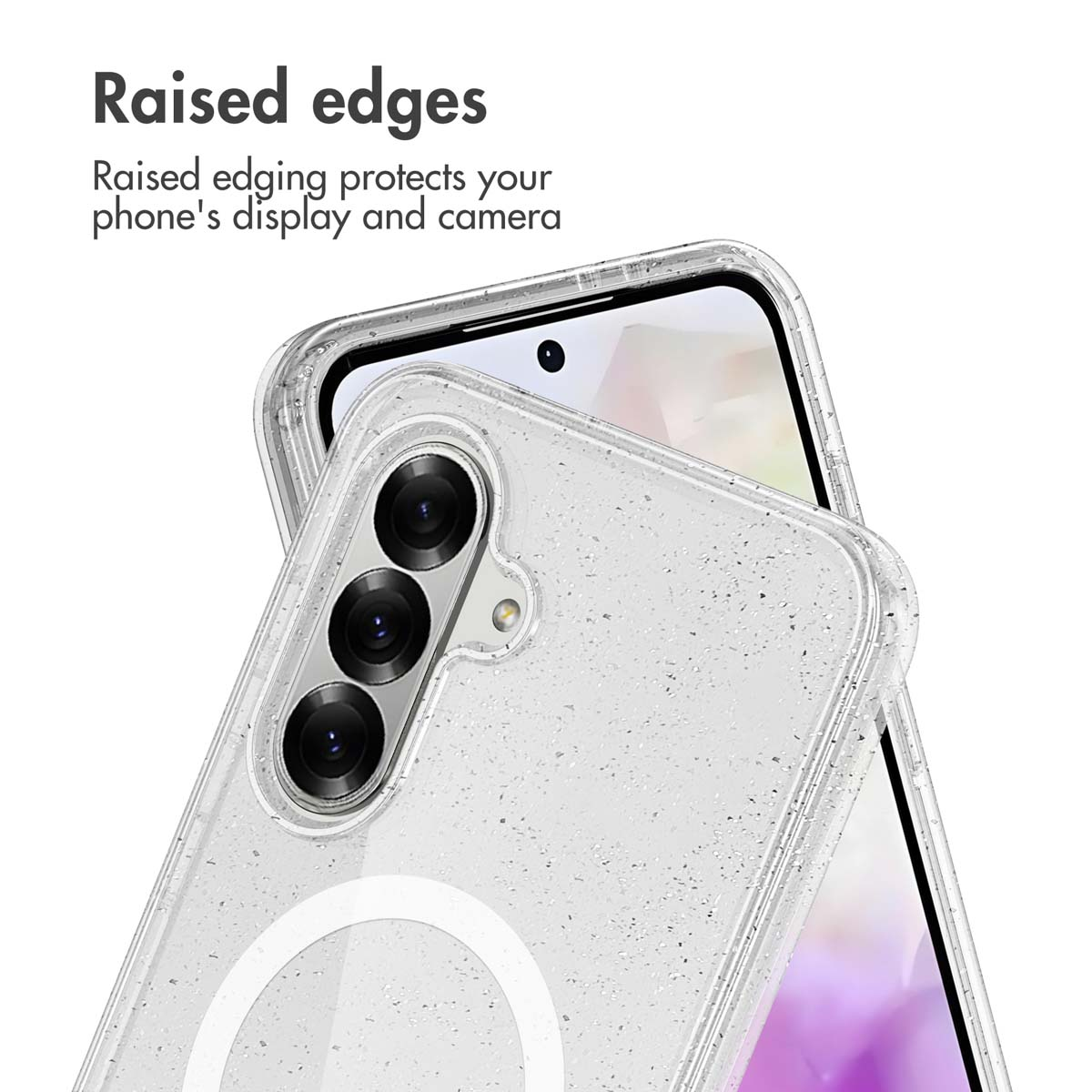 Los bordes elevados de una funda transparente con purpurina protegen la pantalla y la cámara.
