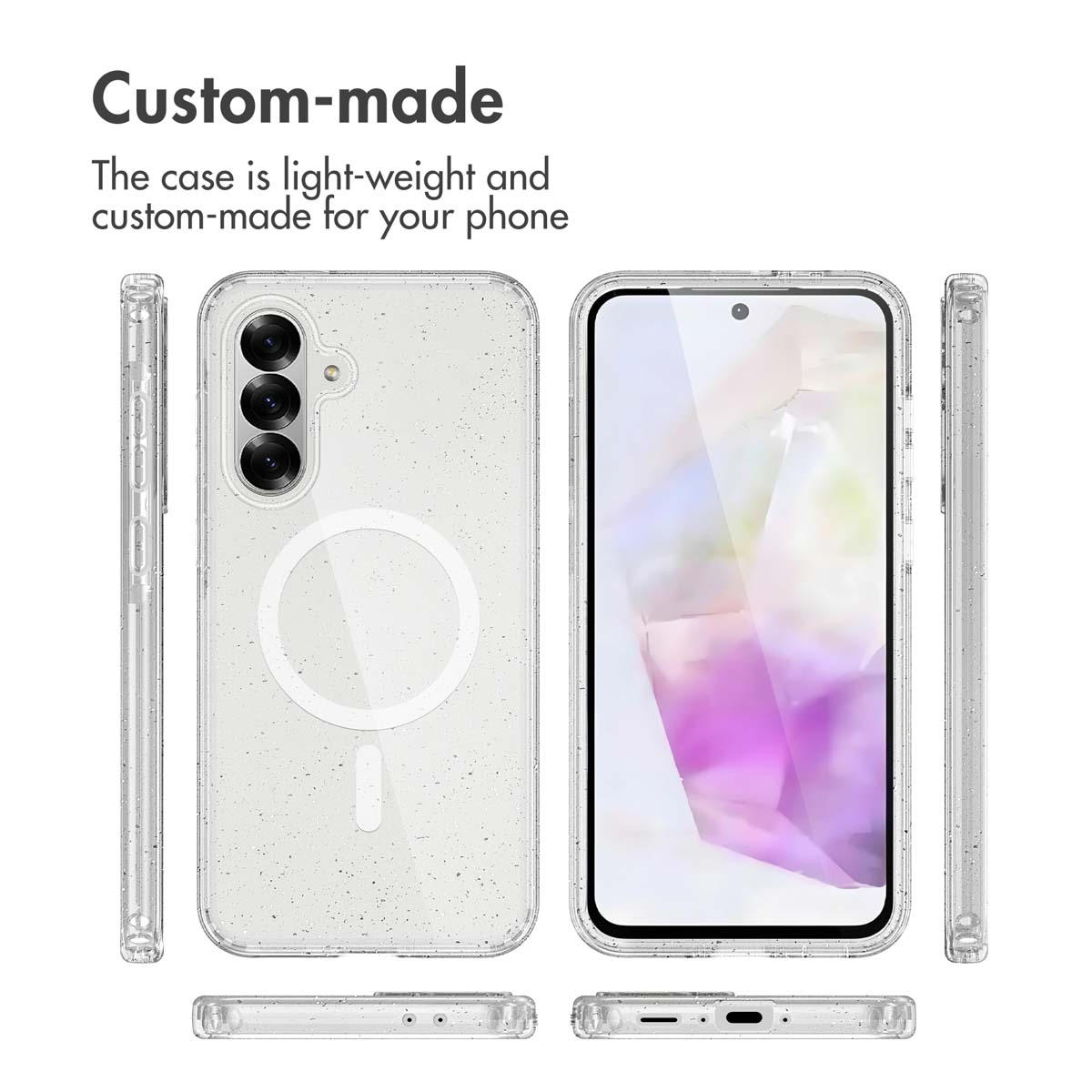 Varias vistas de una funda de teléfono transparente con purpurina, círculo MagSafe y recorte para la cámara.