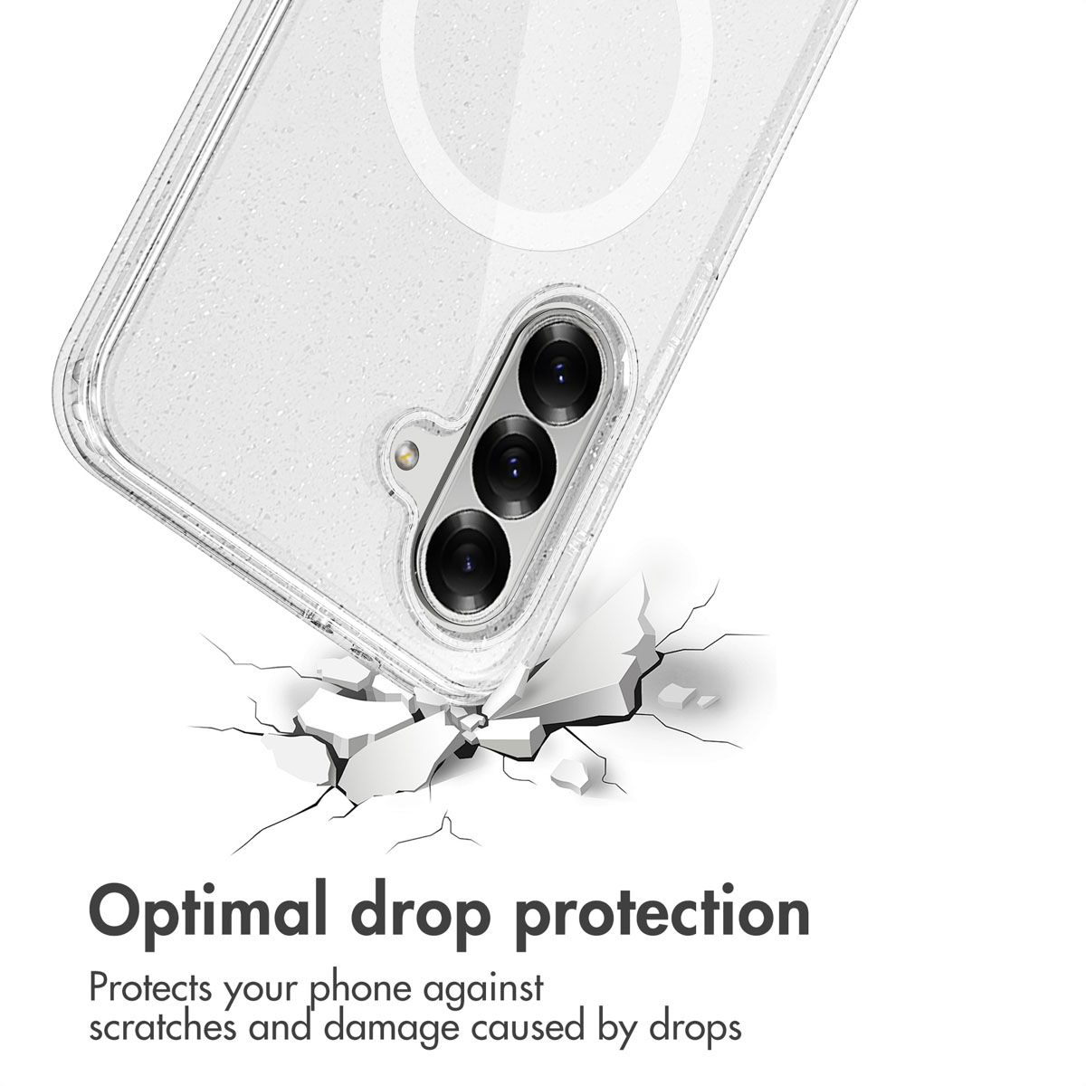Una funda transparente para móvil con tres lentes sobre una superficie agrietada, ilustrando protección.