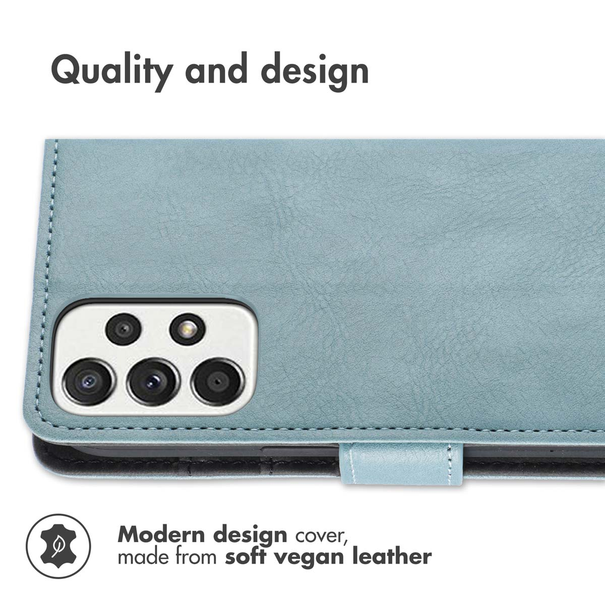 Coque de téléphone en cuir végétalien bleu avec découpe pour appareil photo et texte.
