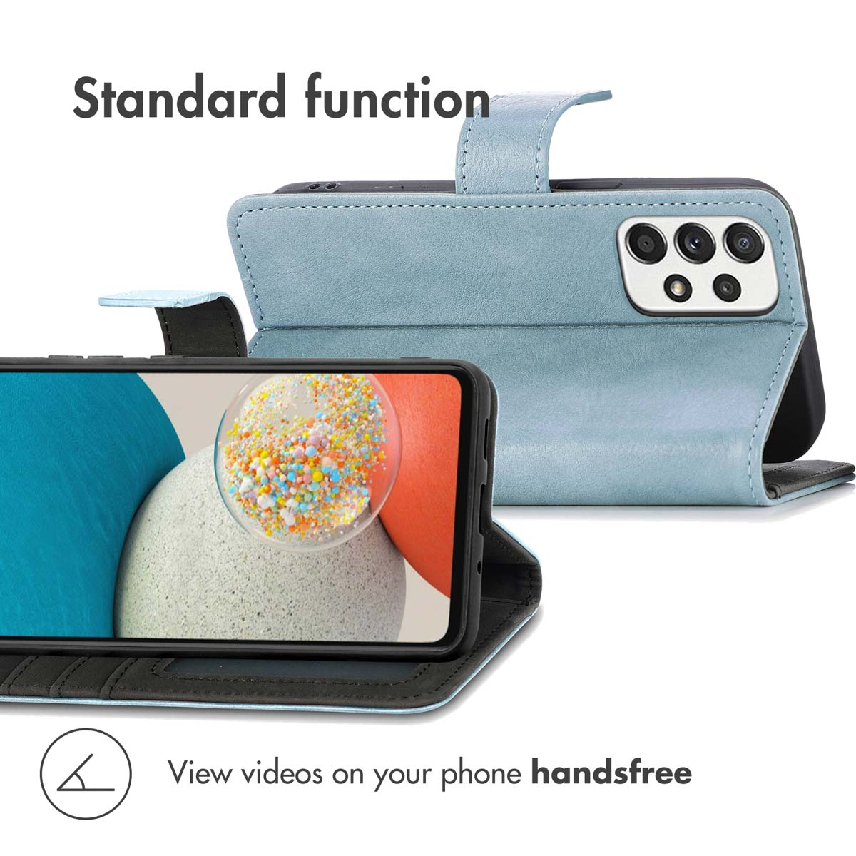 Un étui de téléphone en cuir bleu clair contenant un smartphone à l'écran coloré.