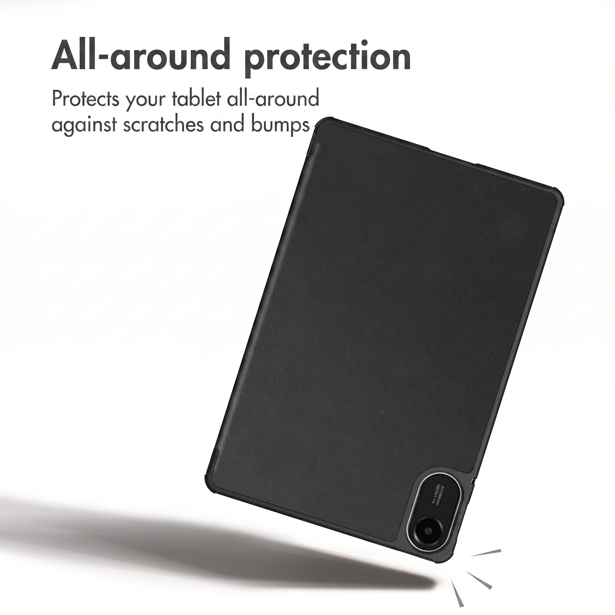 A black tablet inside a protective case hovers against a white background.