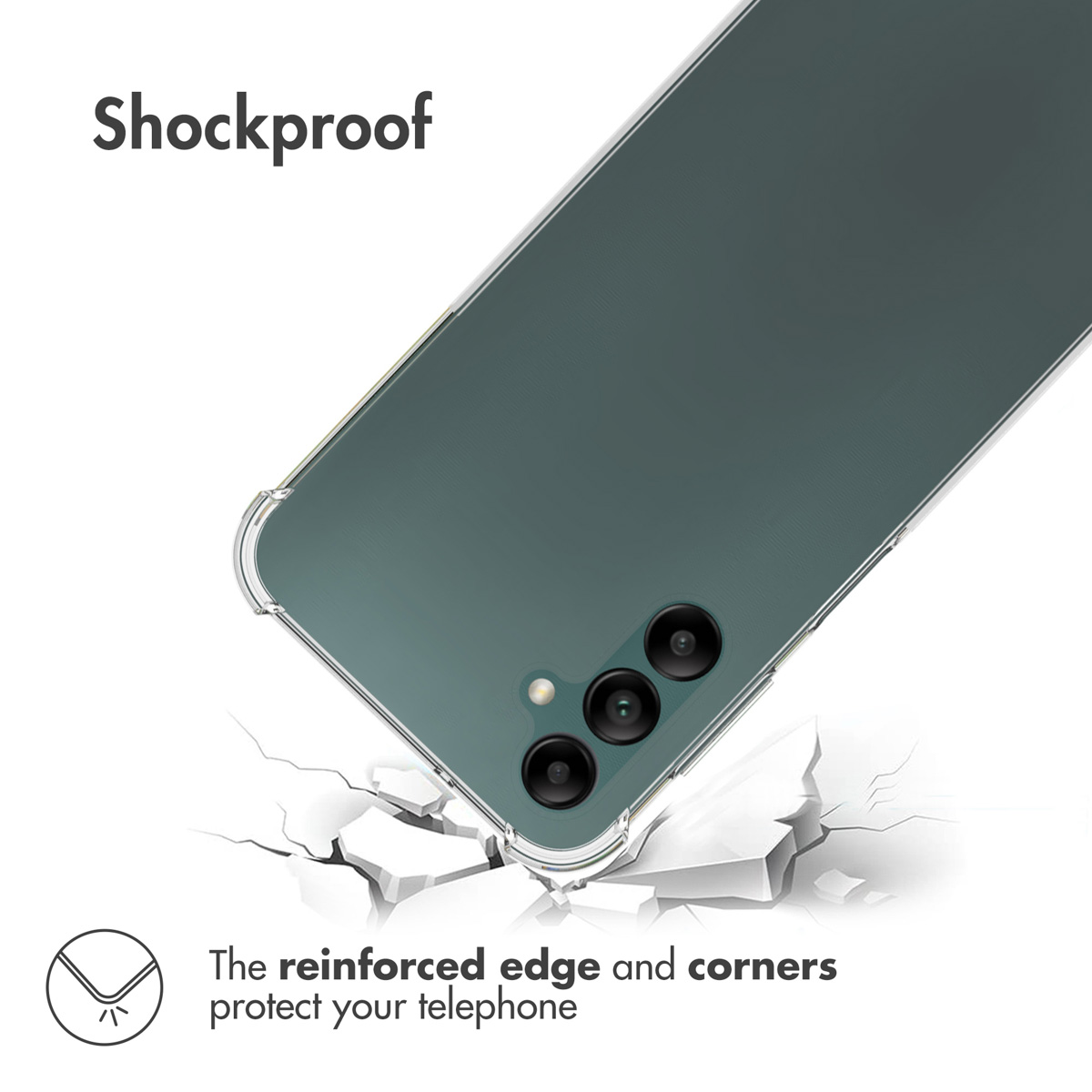 Un smartphone dans une coque transparente flotte sur un fond blanc fissuré. Texte Shockproof.