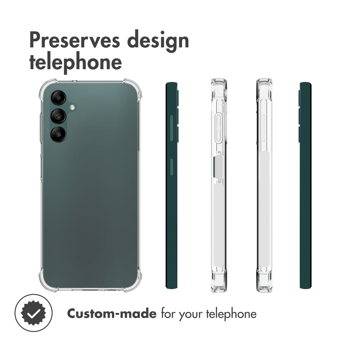 Un smartphone vert foncé vu de dos et de profil, dans une coque de protection transparente.