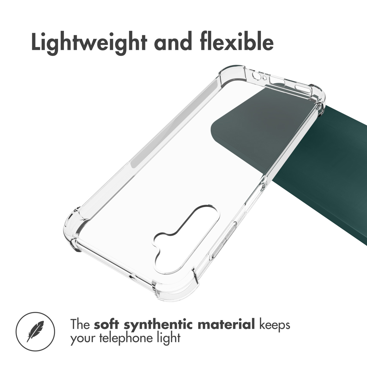 Coque de téléphone transparente et flexible sur fond vert foncé avec texte.