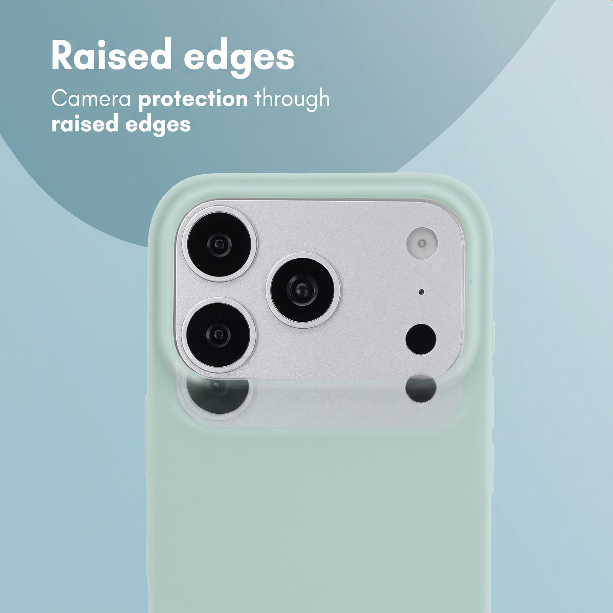 Gros plan d'une coque de téléphone vert menthe avec des bords surélevés protégeant l'appareil photo.