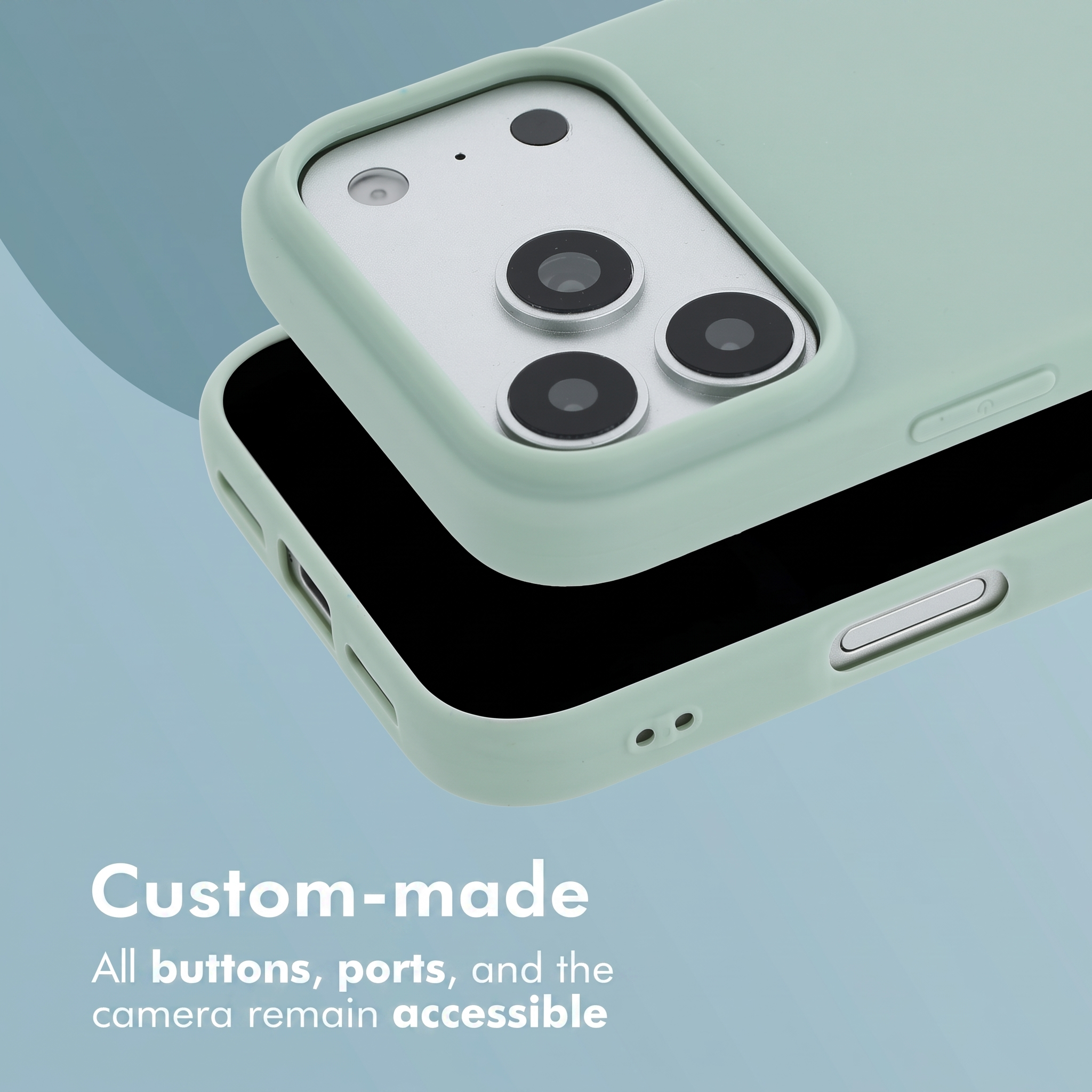 Coque de téléphone verte avec découpe pour appareil photo et texte.