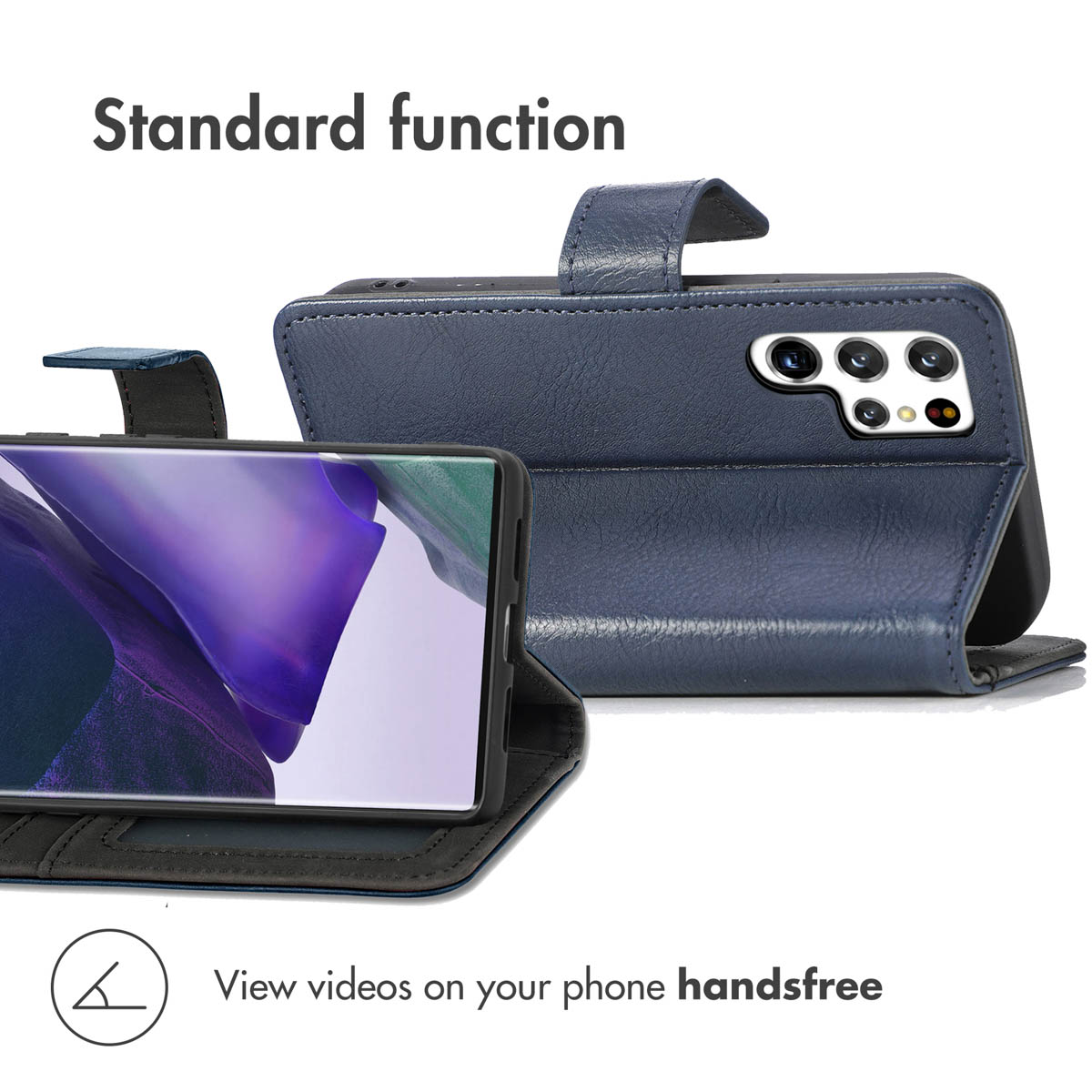 Étui de téléphone en cuir bleu avec fonction support pour les vidéos.