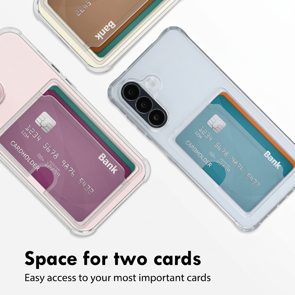 Tres teléfonos con fundas transparentes que guardan dos tarjetas bancarias cada uno, sobre fondo blanco.