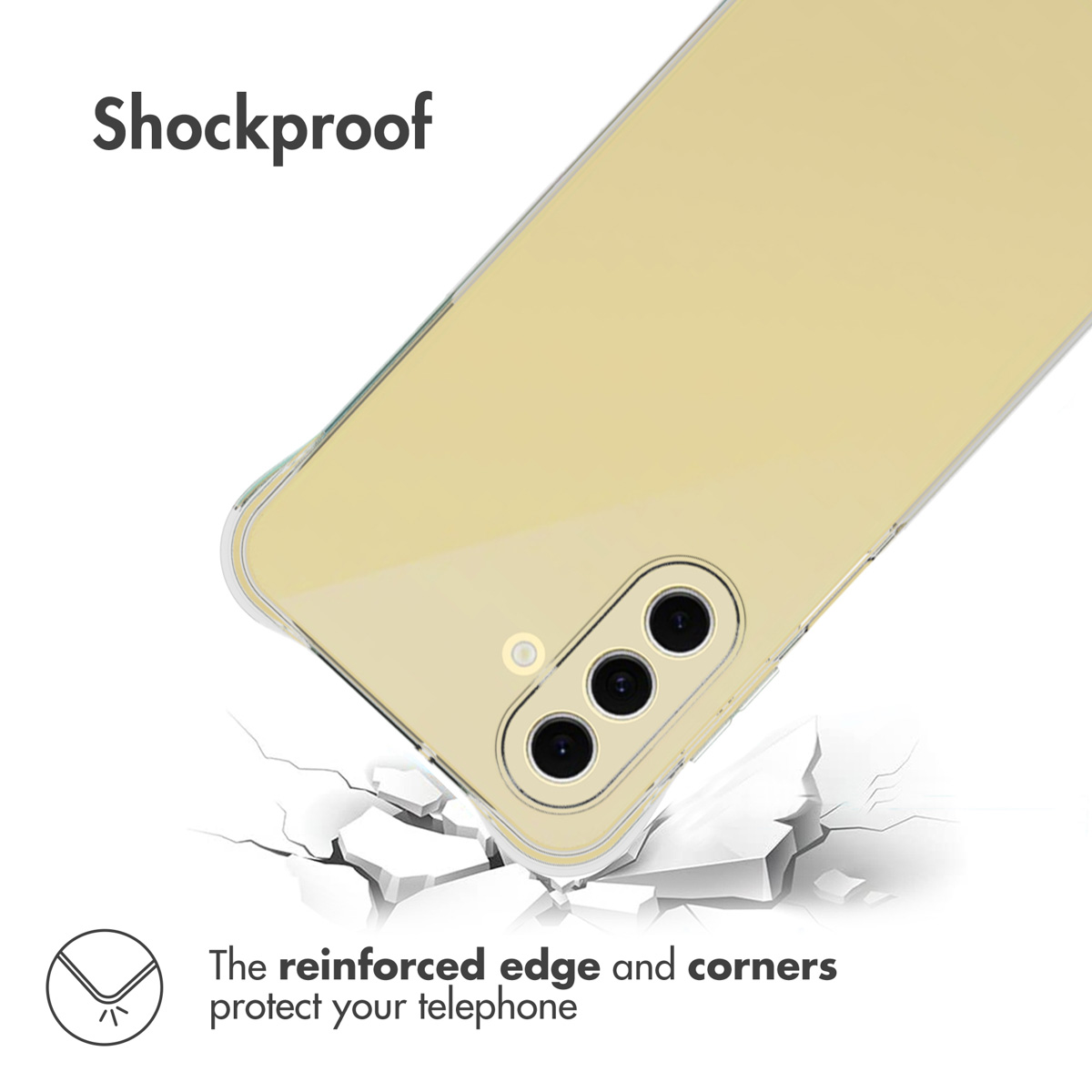 Un smartphone con funda transparente sobre una superficie agrietada y texto sobre protección.
