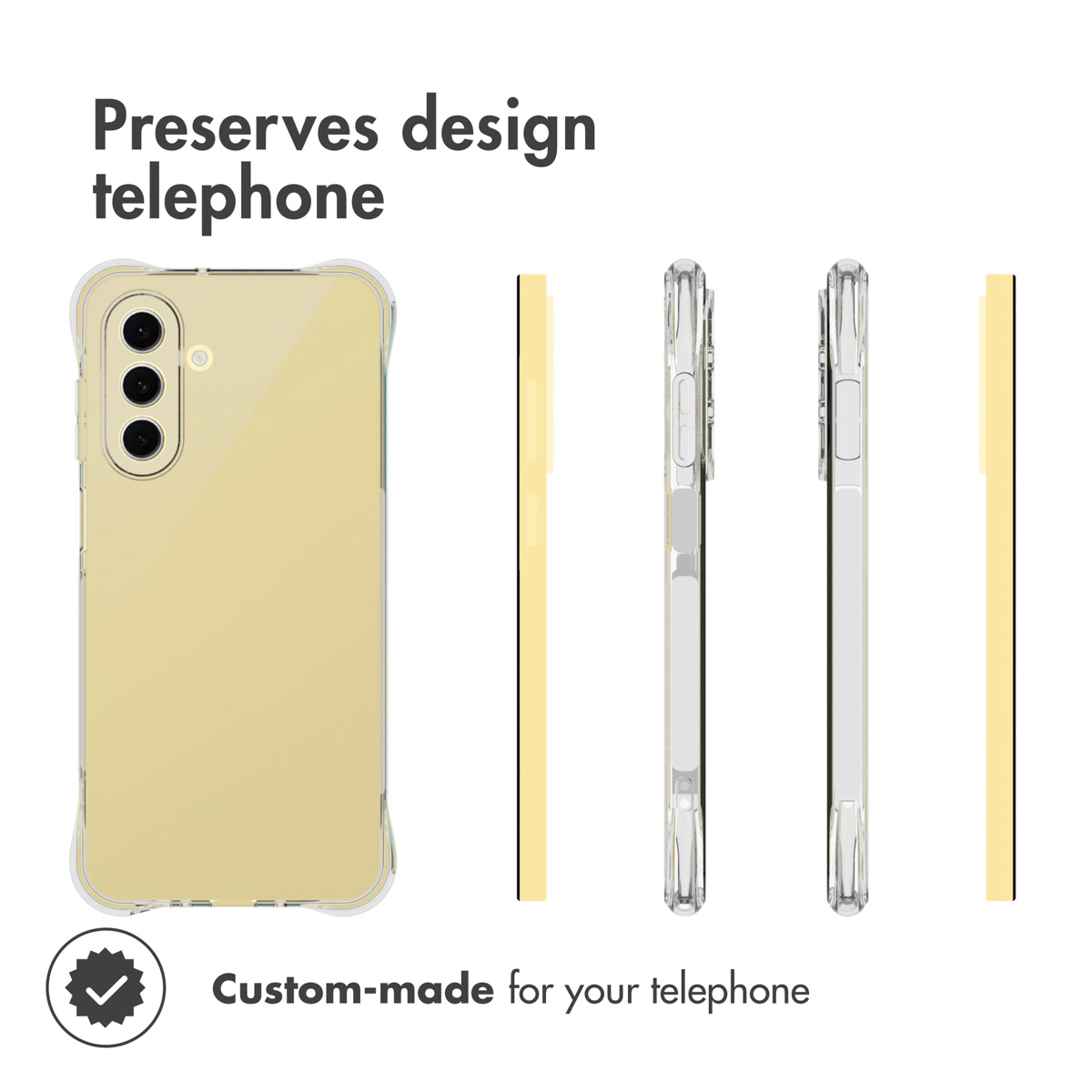 Funda protectora transparente para un smartphone, mostrada desde varios lados con texto.