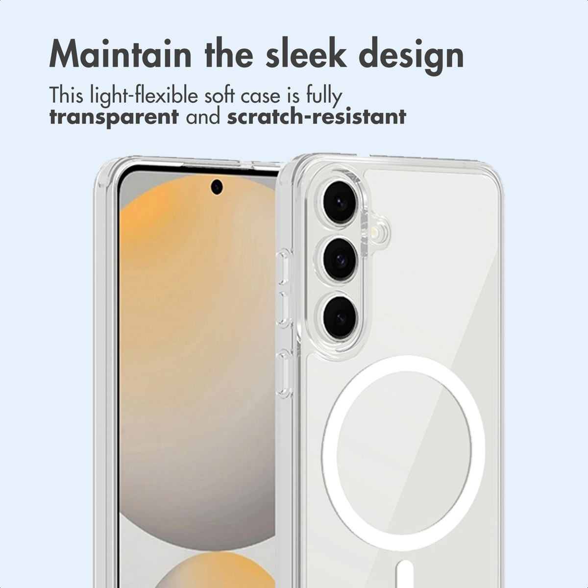 Una custodia trasparente per cellulare con un anello magnetico bianco sul retro e testo sopra su sfondo azzurro.