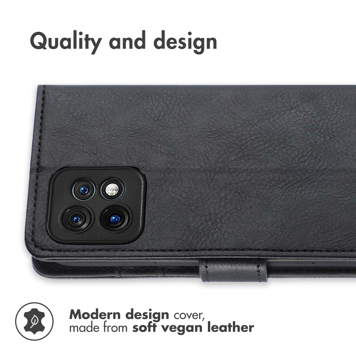 Funda de cuero vegano negro para teléfono con recorte para cámara.