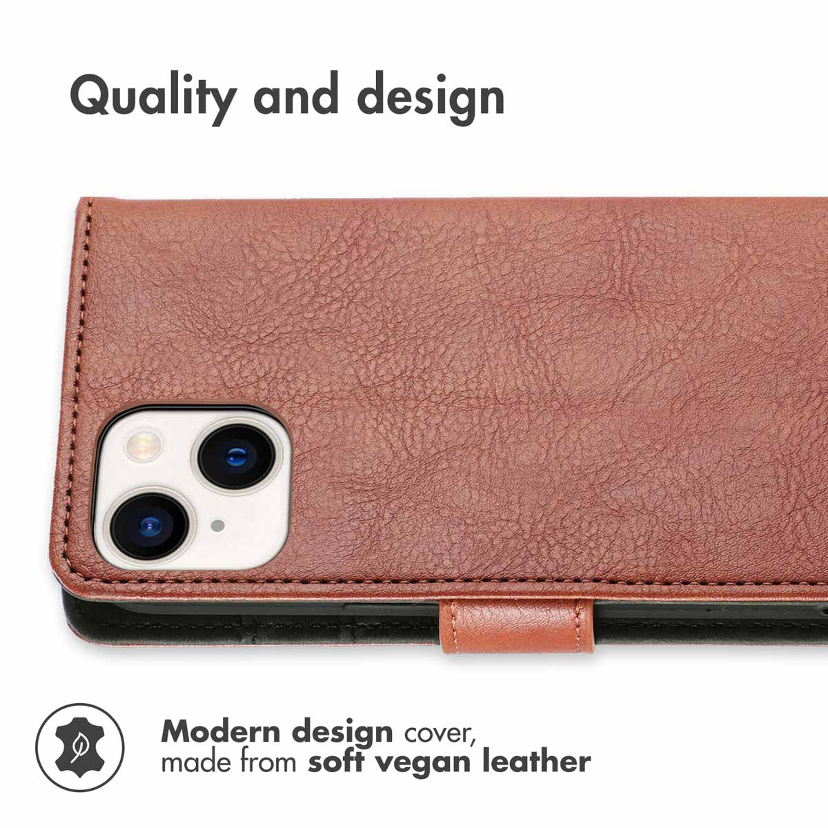 Brown vegan leather phone case with camera cutout and text.