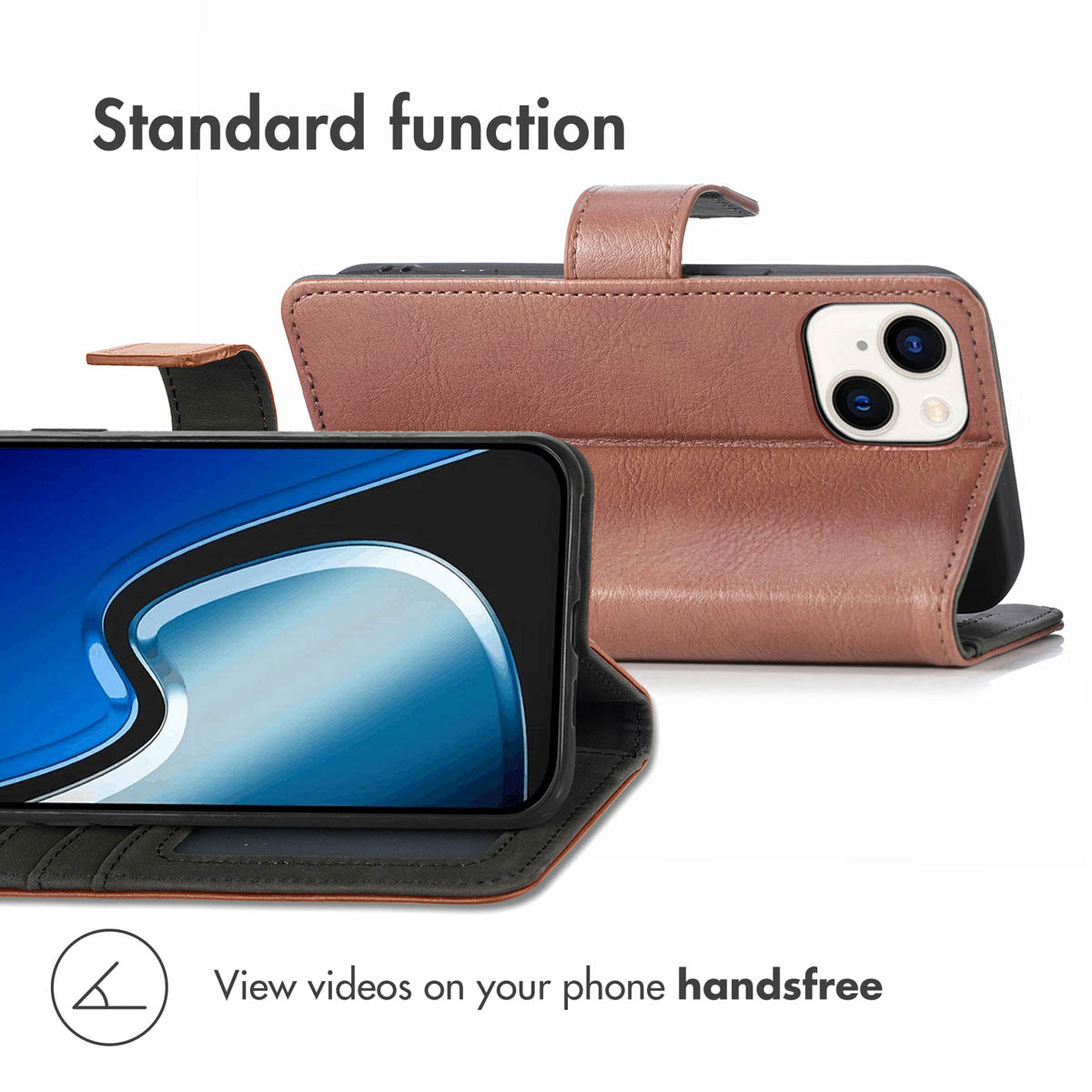 A brown leather flip case for a smartphone shown open and closed to view videos handsfree.
