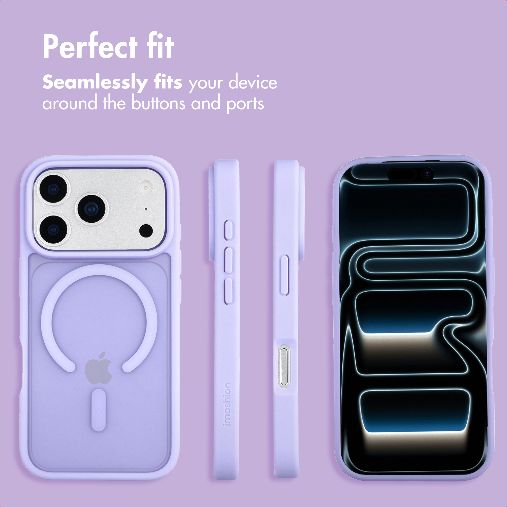 Purple phone case with MagSafe for Apple iPhone, showing multiple angles with buttons and ports.