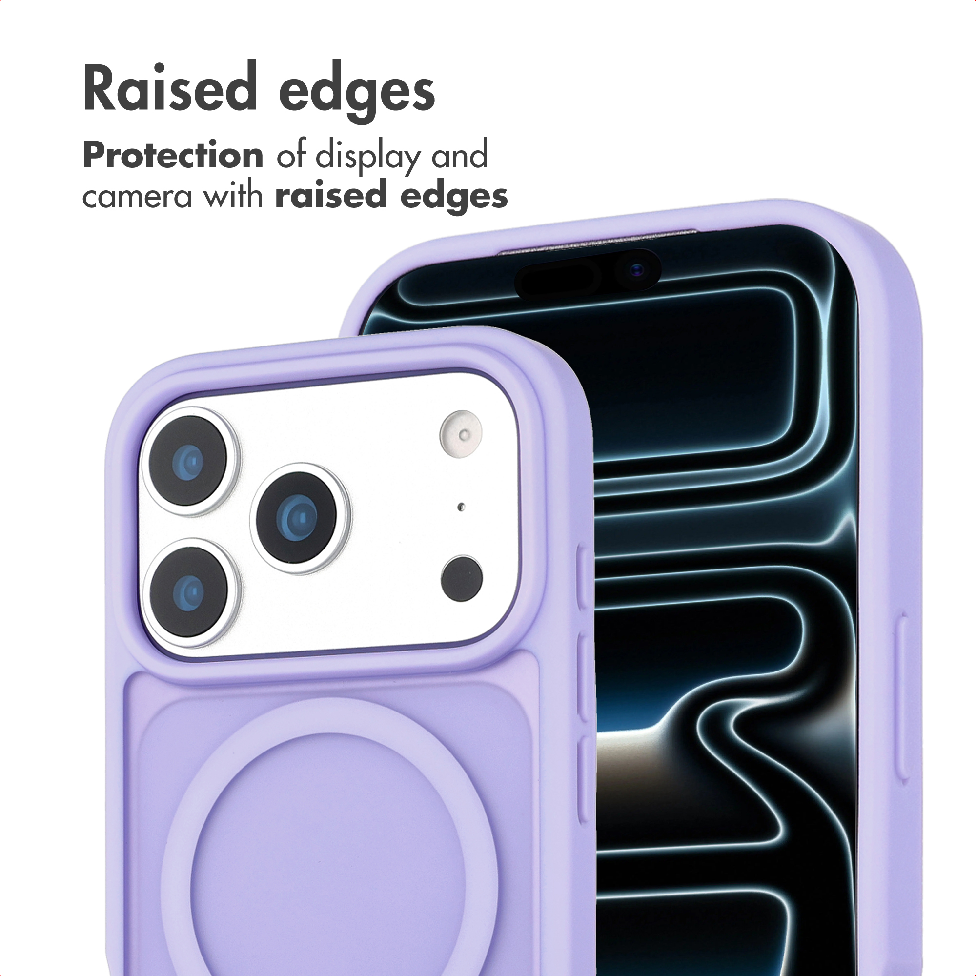 Purple phone case showing raised edges for screen and camera protection.