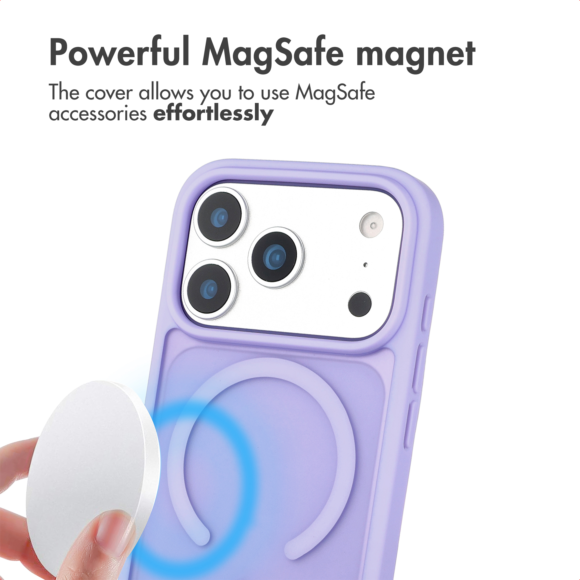 Hand attaching MagSafe accessory to a purple phone case.