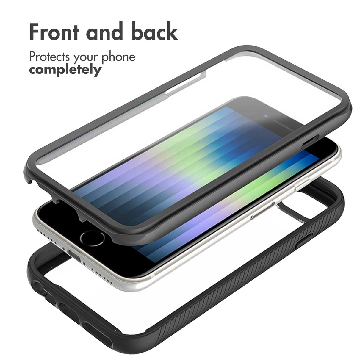 Uno smartphone con cover protettiva nera anteriore e posteriore separata, che evidenzia la protezione totale.